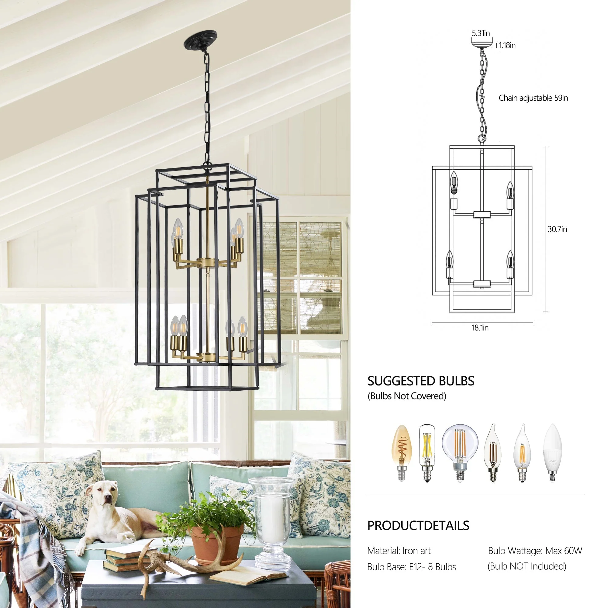 18' Modern 8-Light Black Gold Geometric Pendant Chandelier - Image 8