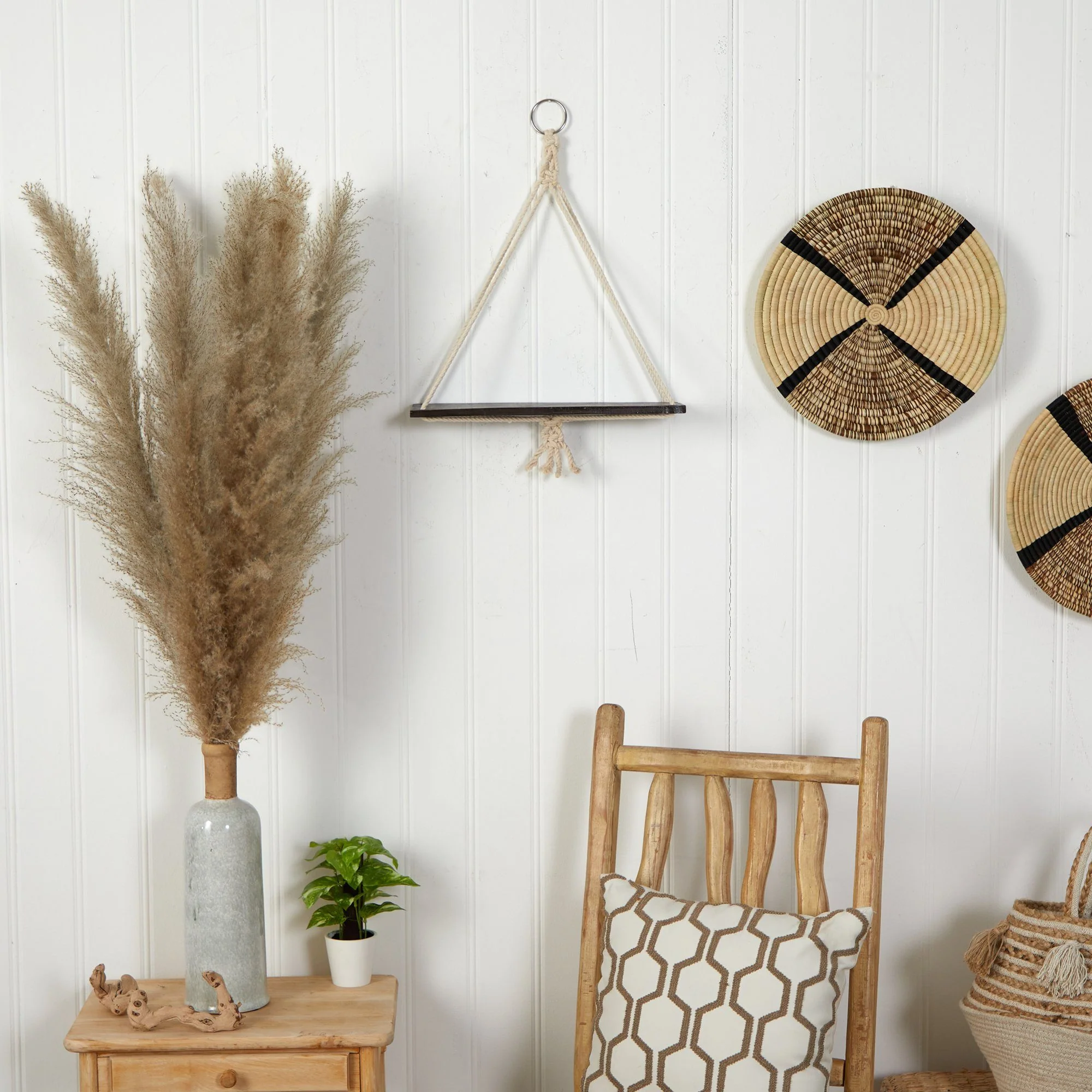 18” x 16” Hand Crafted Macrame Wall Hanging with Wooden Shelf - Image 3