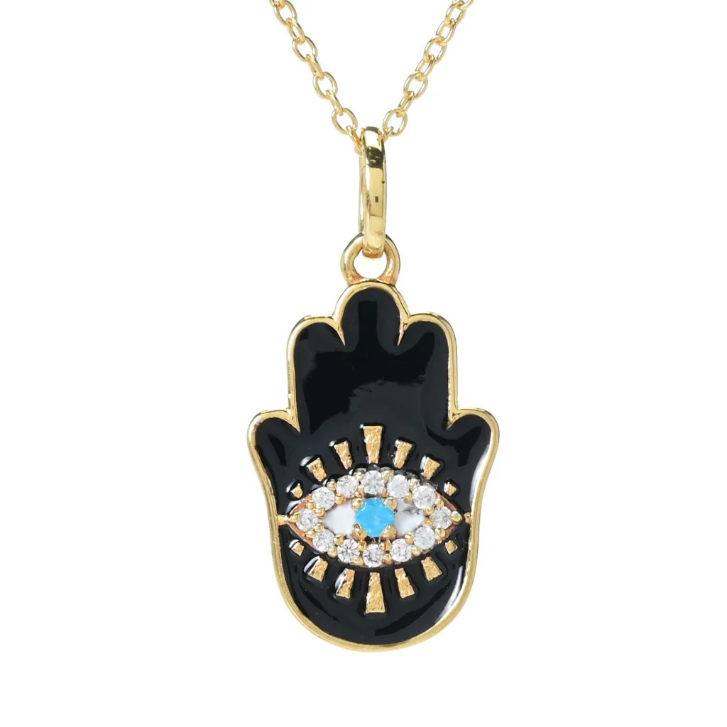 18K Gold Plated 0.19ctw Neon Apatite, Zircon & Enamel Hamsa Pendant w/ Chain - Image 3