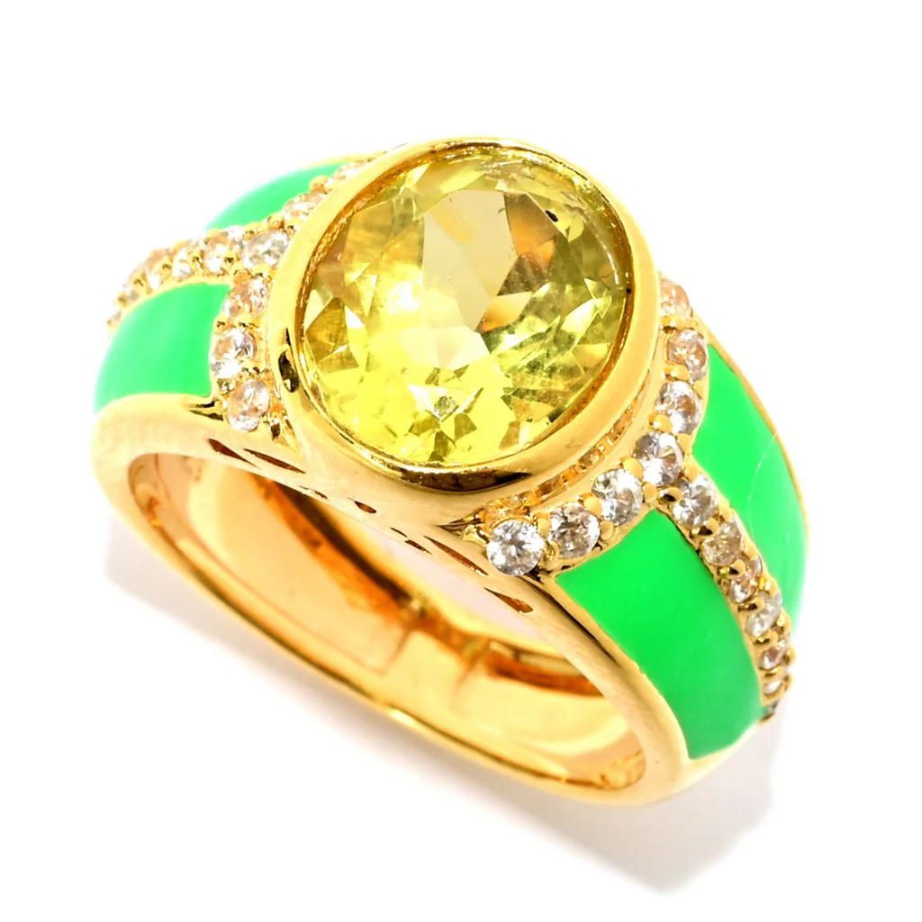 18K Gold Plated 10x8mm Choice of Gemstone & Zircon Halo Enamel Band Ring - Image 5