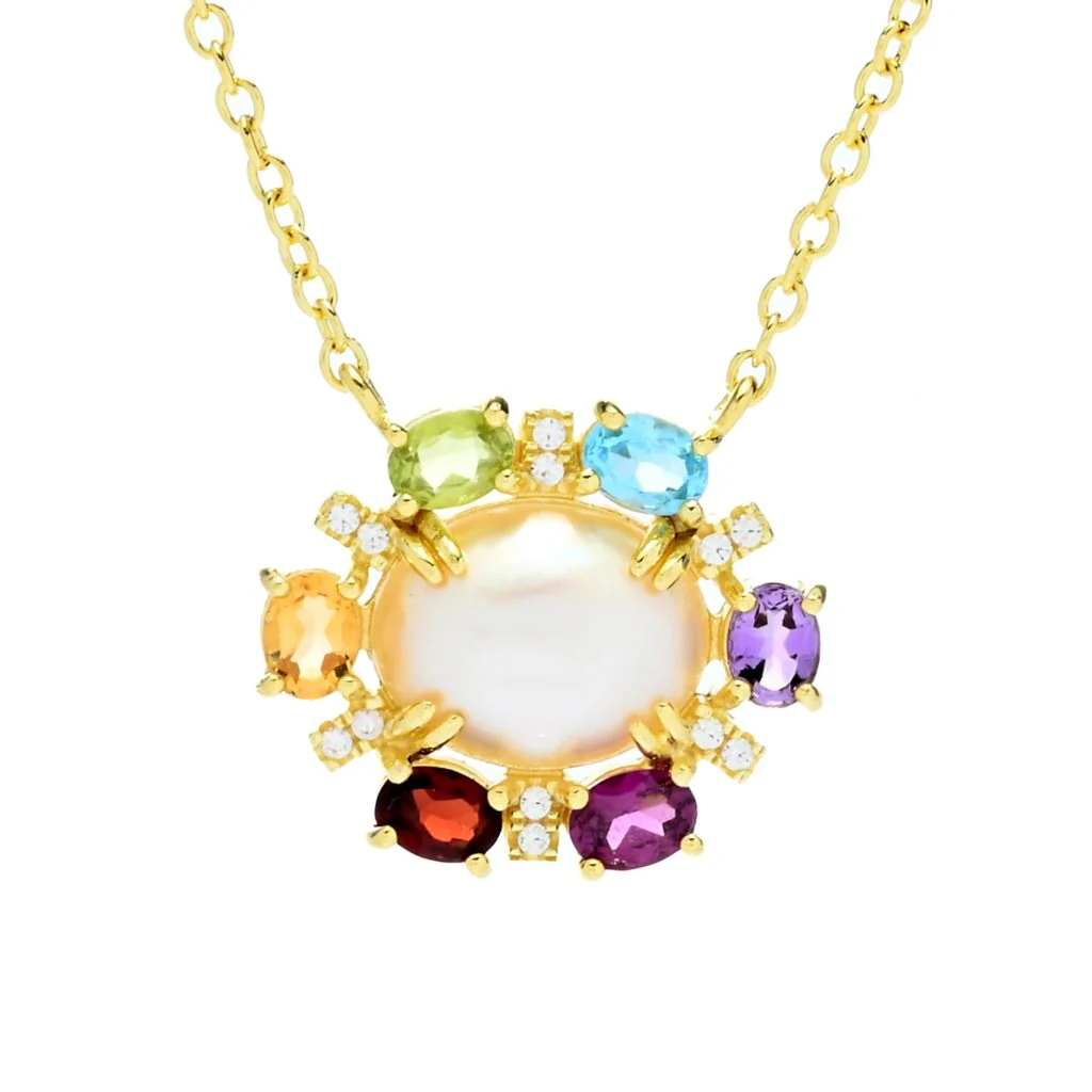 18K Gold Plated 10x8mm Oval Cultured Mabe Pearl & Multi Gem Necklace - Image 3