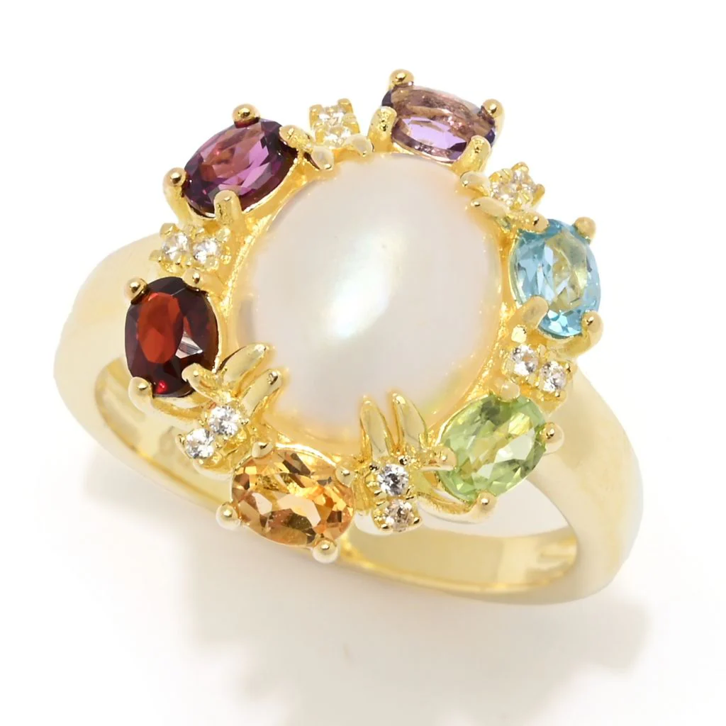 18K Gold Plated 10x8mm Oval Cultured Mabe Pearl & Multi Gemstone Ring - Image 8