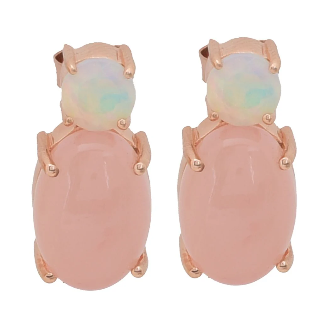 18K Gold Plated 14x10mm Oval Pink Chalcedony & Ethiopian Opal Drop Earrings - Image 3