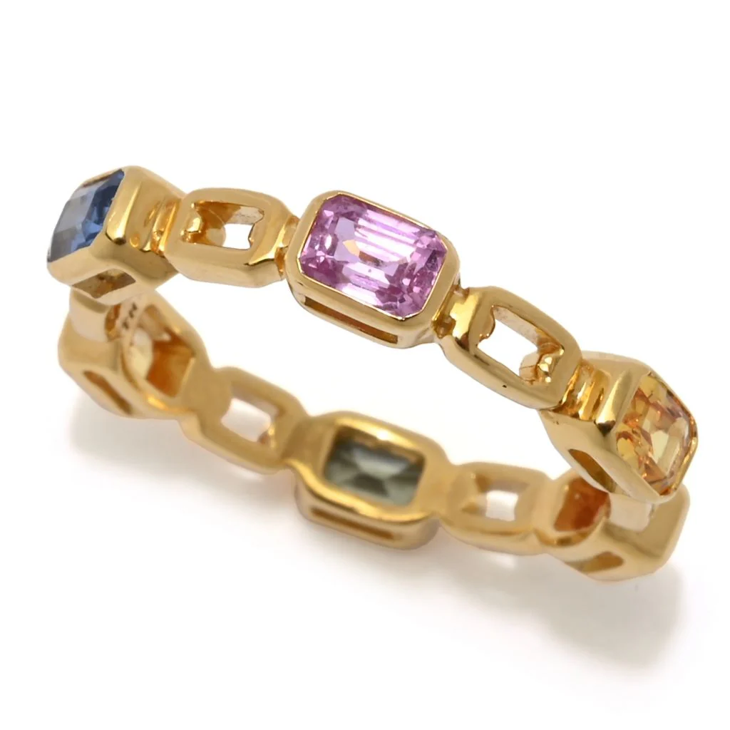 18K Gold Plated 2.37ctw Octagon Multi Sapphire Open Link Ring - Image 3
