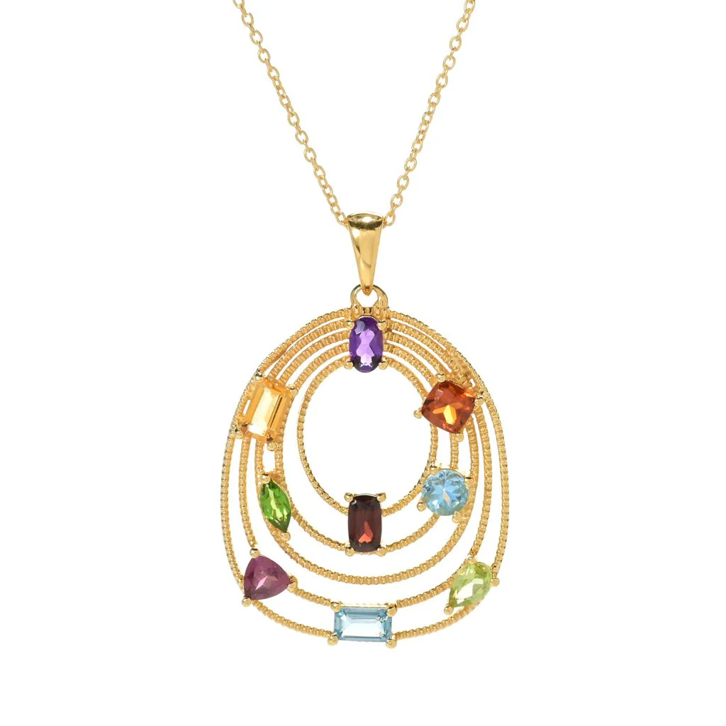 18K Gold Plated 2.41ctw Multi Gemstone Textured Enhancer Pendant w/ Chain
