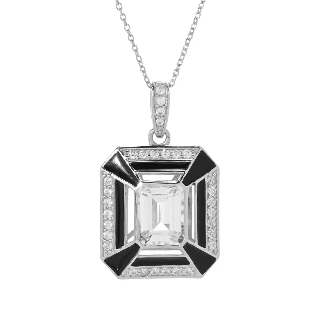 18K Gold Plated 3.64ctw White Topaz, White Zircon & Enamel Art Deco Pendant - Image 3