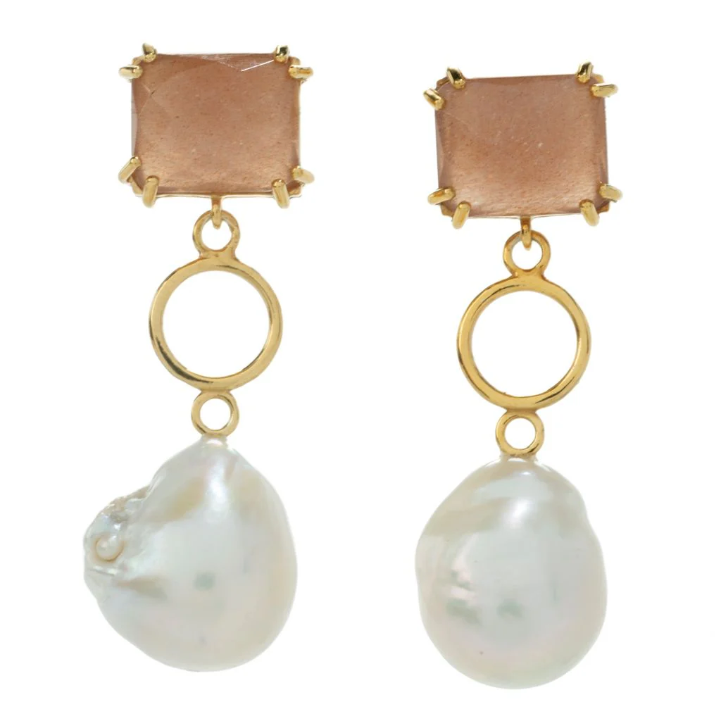 18K Gold Plated Choice of Opaque Gemstone & Baroque Cultured Pearl Earrings - Image 3