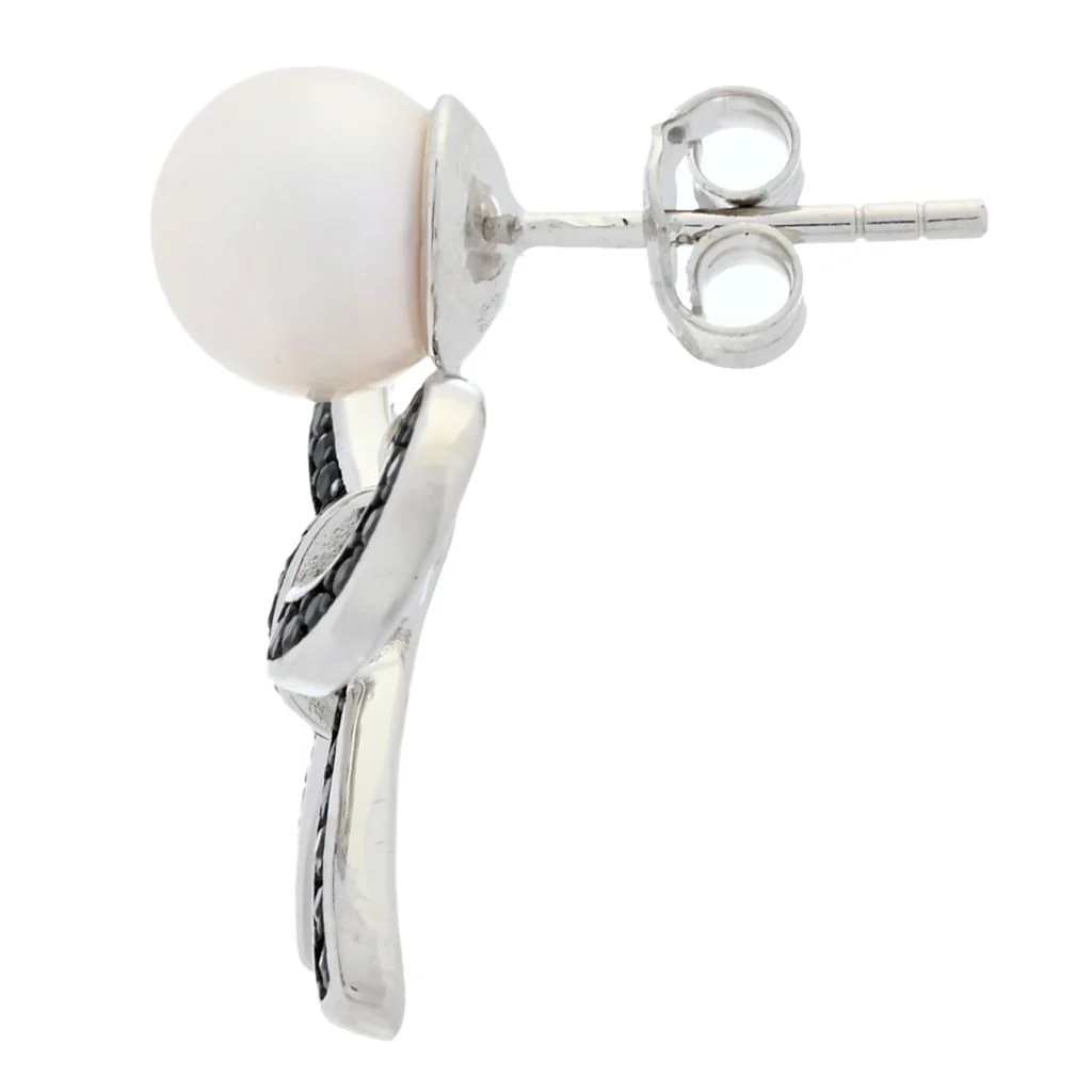 18K Gold Plated "Hollywood" Cultured Pearl & Black Spinel Bow Drop Earrings - Image 2
