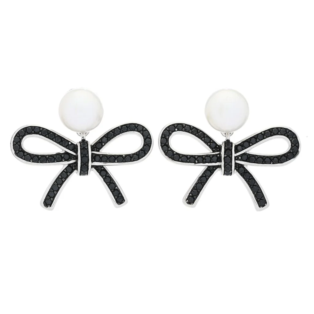 18K Gold Plated "Hollywood" Cultured Pearl & Black Spinel Bow Drop Earrings - Image 3