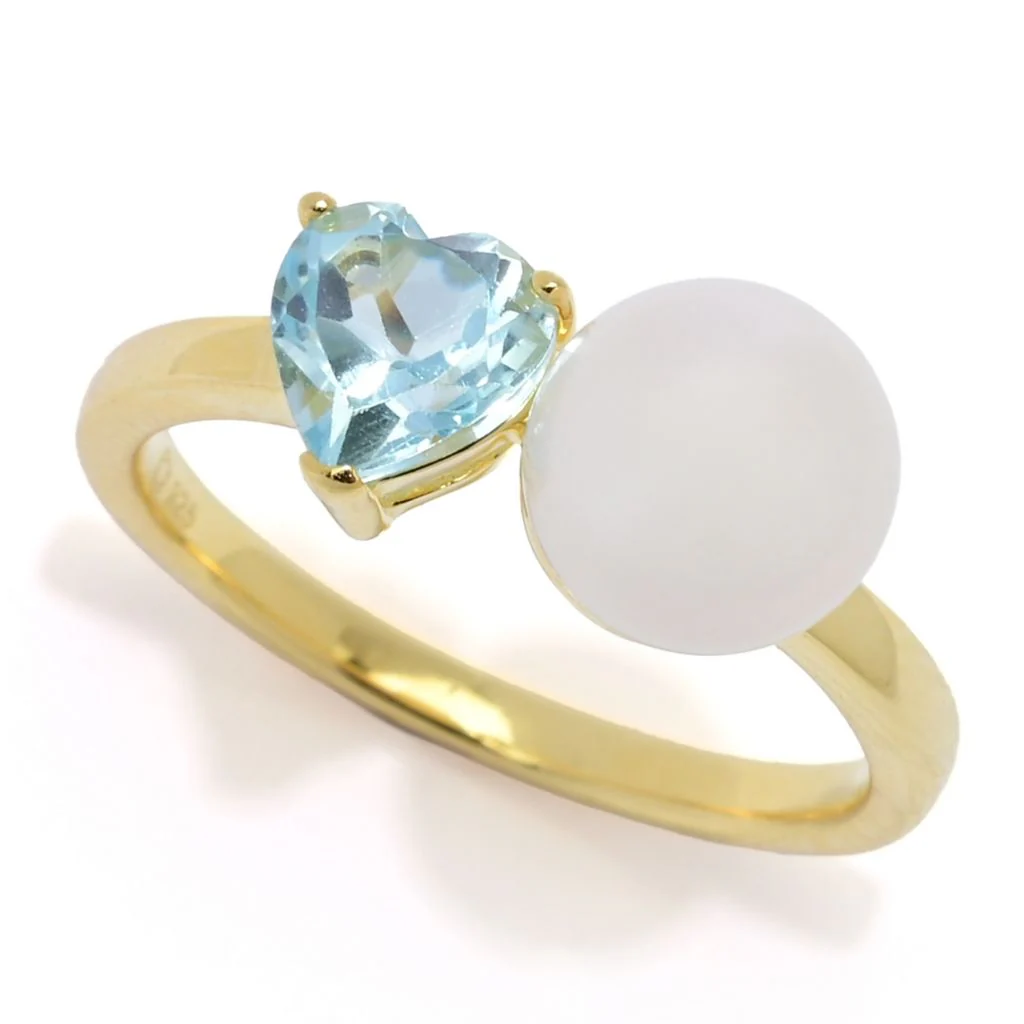 18K Gold Plated "Hollywood" Cultured Pearl & Heart Shape Gem "Toi et Moi" Ring - Image 13