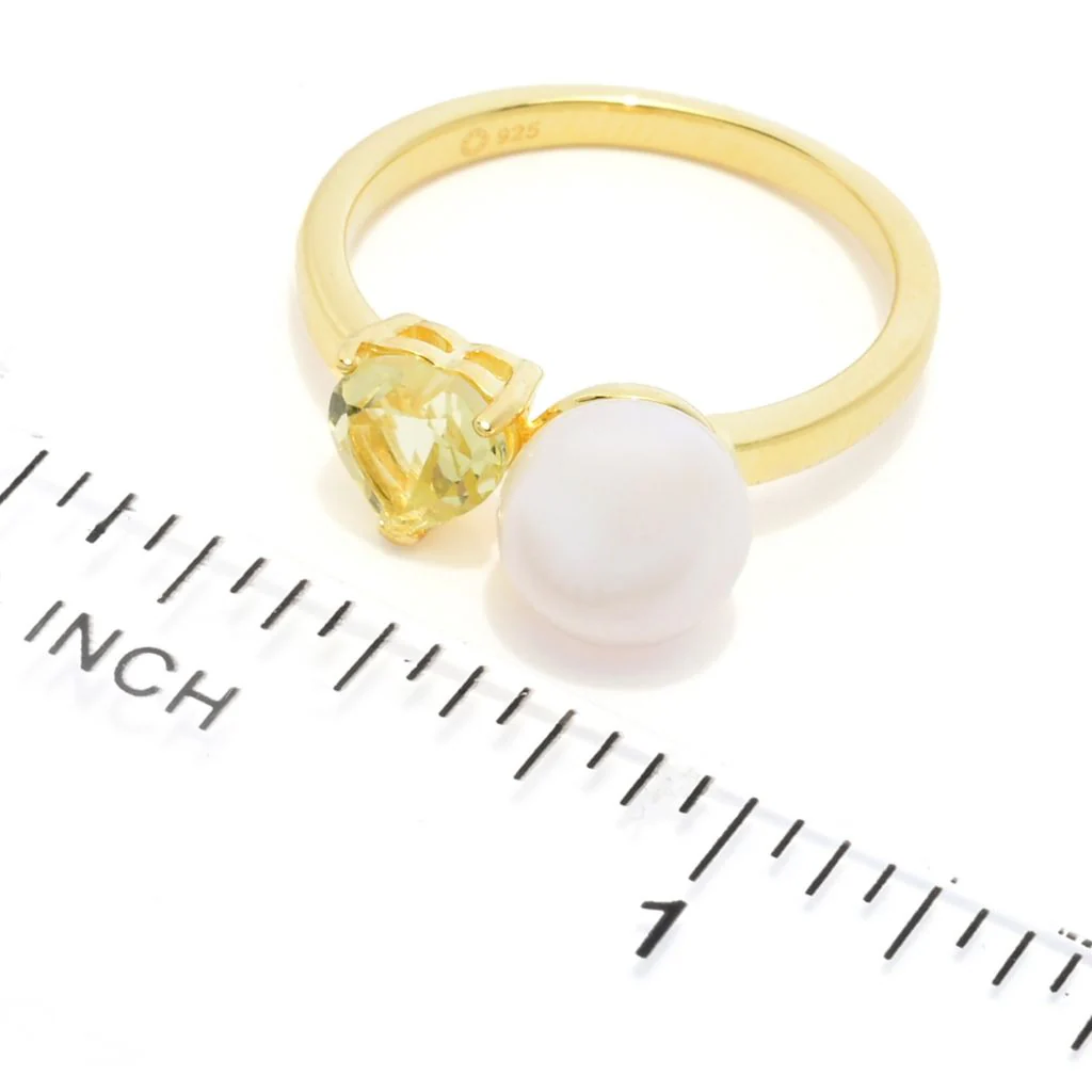 18K Gold Plated "Hollywood" Cultured Pearl & Heart Shape Gem "Toi et Moi" Ring - Image 2