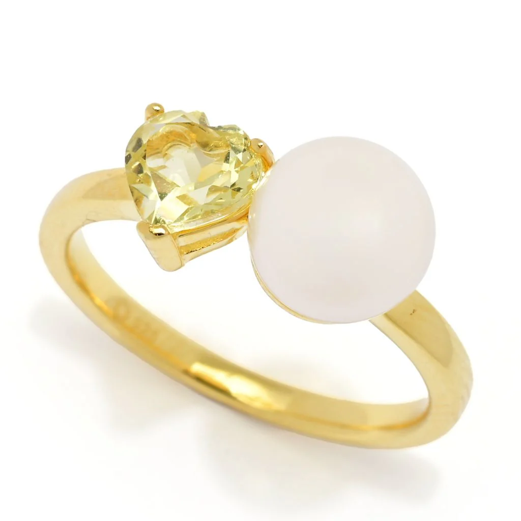 18K Gold Plated "Hollywood" Cultured Pearl & Heart Shape Gem "Toi et Moi" Ring - Image 4