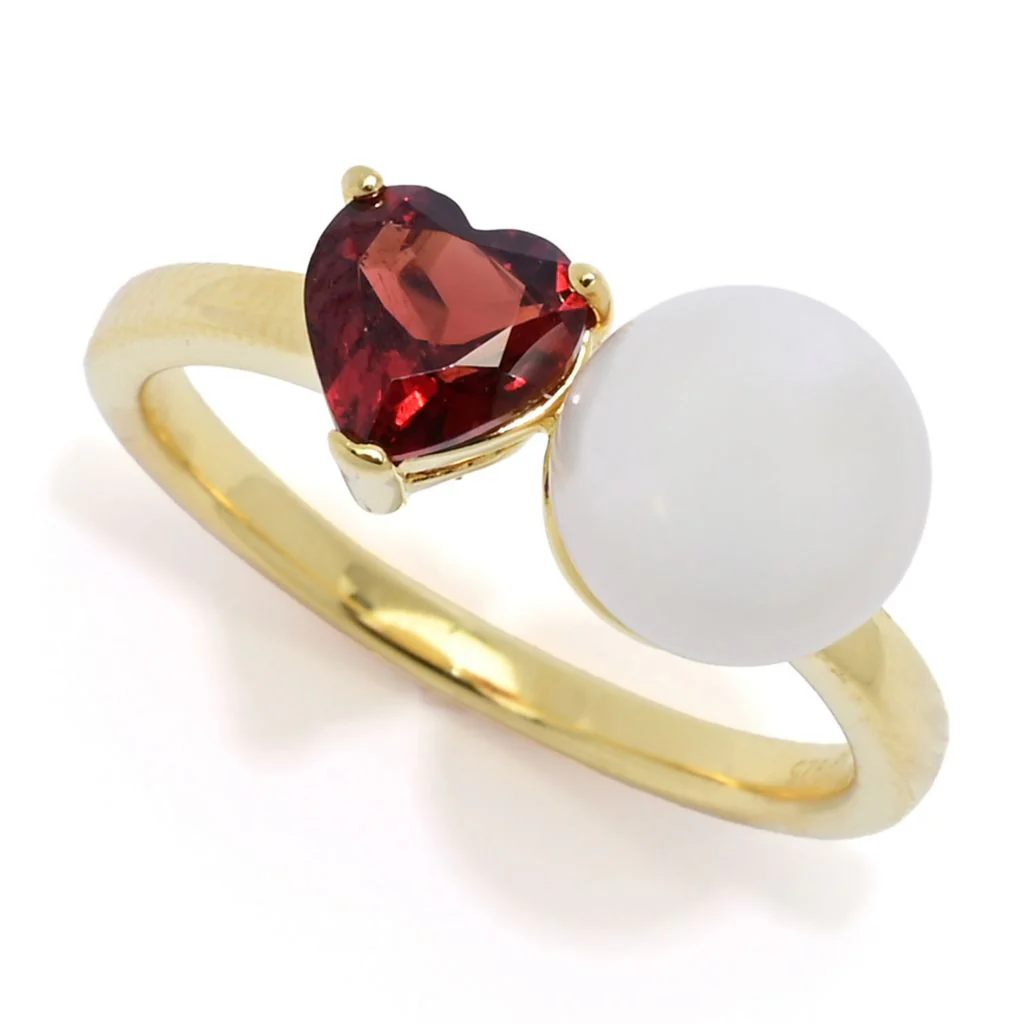18K Gold Plated "Hollywood" Cultured Pearl & Heart Shape Gem "Toi et Moi" Ring - Image 6