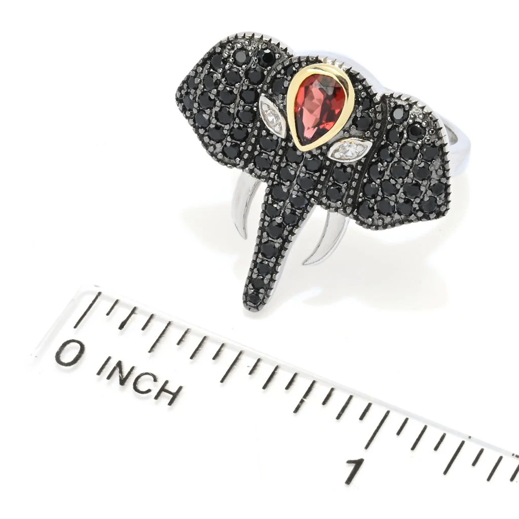 18K Gold Plated Platinum Plated 1.52ctw Garnet & Black Spinel Elephant Ring - Image 2