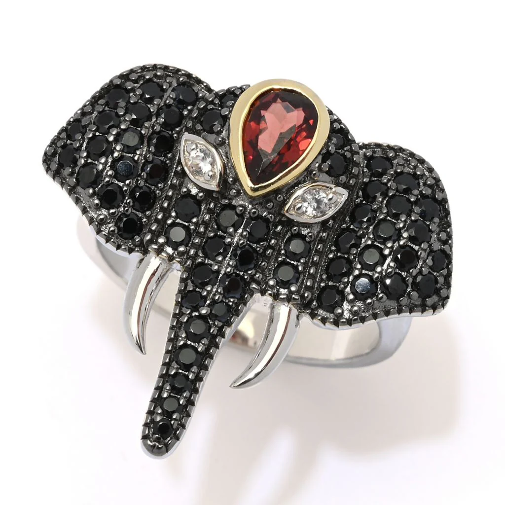 18K Gold Plated Platinum Plated 1.52ctw Garnet & Black Spinel Elephant Ring - Image 3
