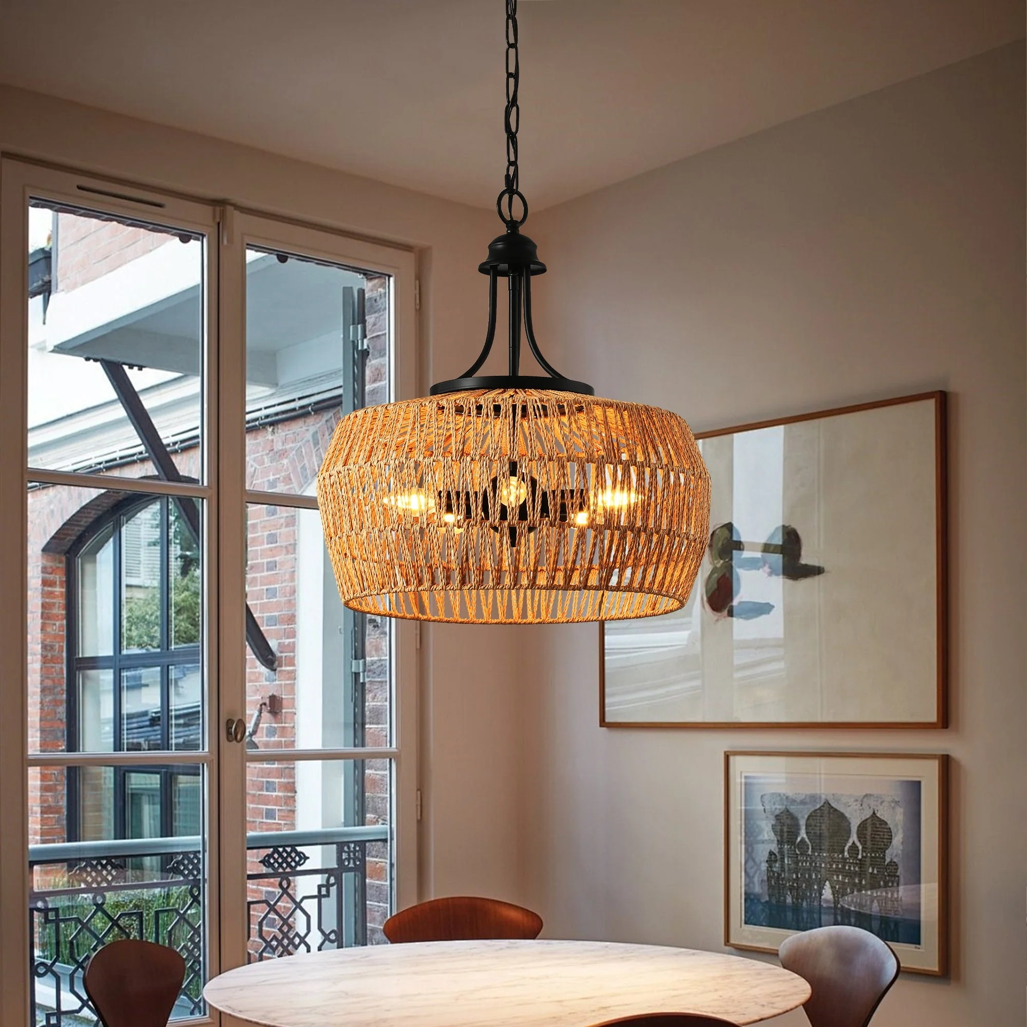 19' Boho Hemp Rope Pendant Light, Hand-Woven Jute Hanging Lamp with Adjustable Chain, Natural Rope Shade Ceiling Light Fixture for Kitchen Island, Dining Room, or Entryway (Bulb Not Included) - Image 2