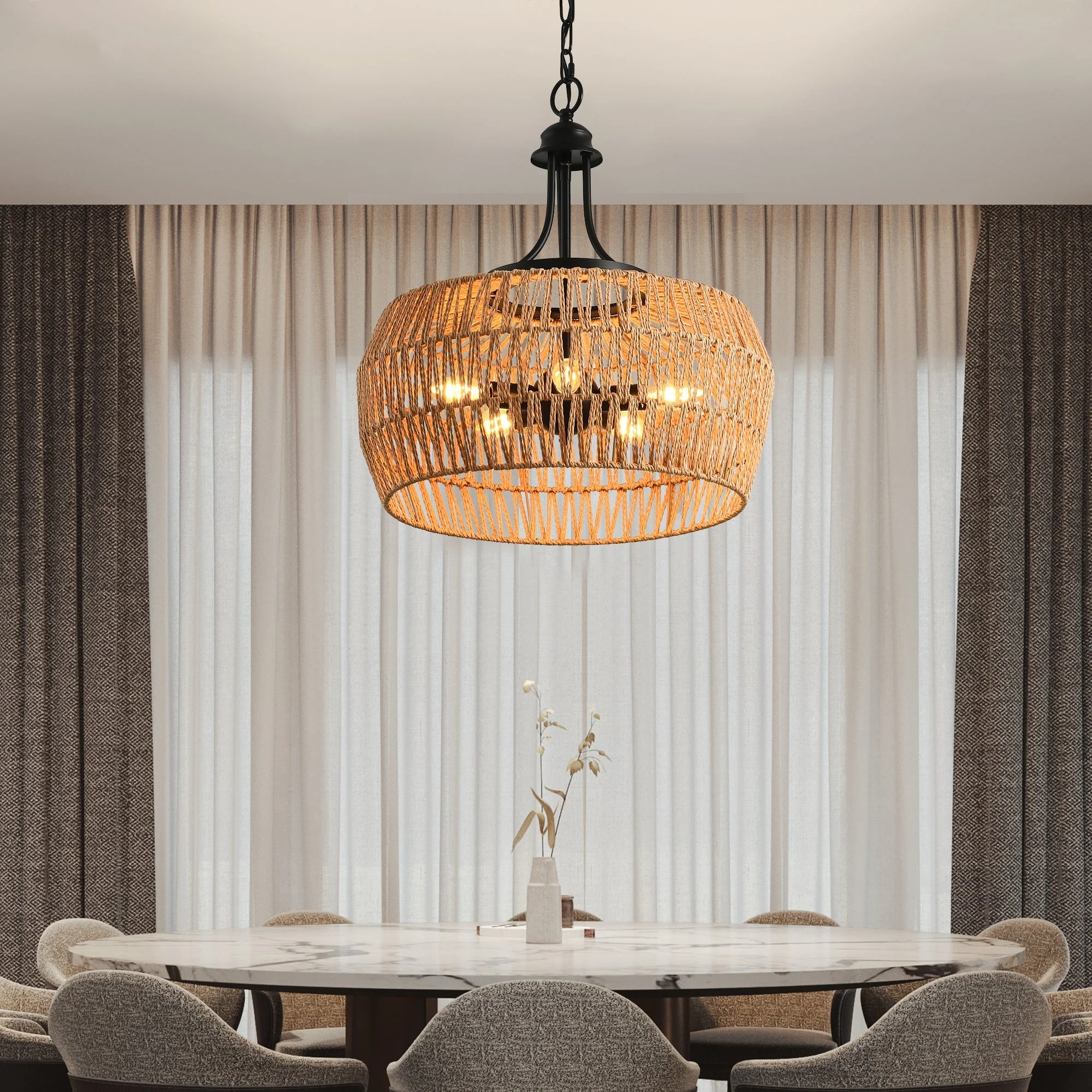 19' Boho Hemp Rope Pendant Light, Hand-Woven Jute Hanging Lamp with Adjustable Chain, Natural Rope Shade Ceiling Light Fixture for Kitchen Island, Dining Room, or Entryway (Bulb Not Included) - Image 3