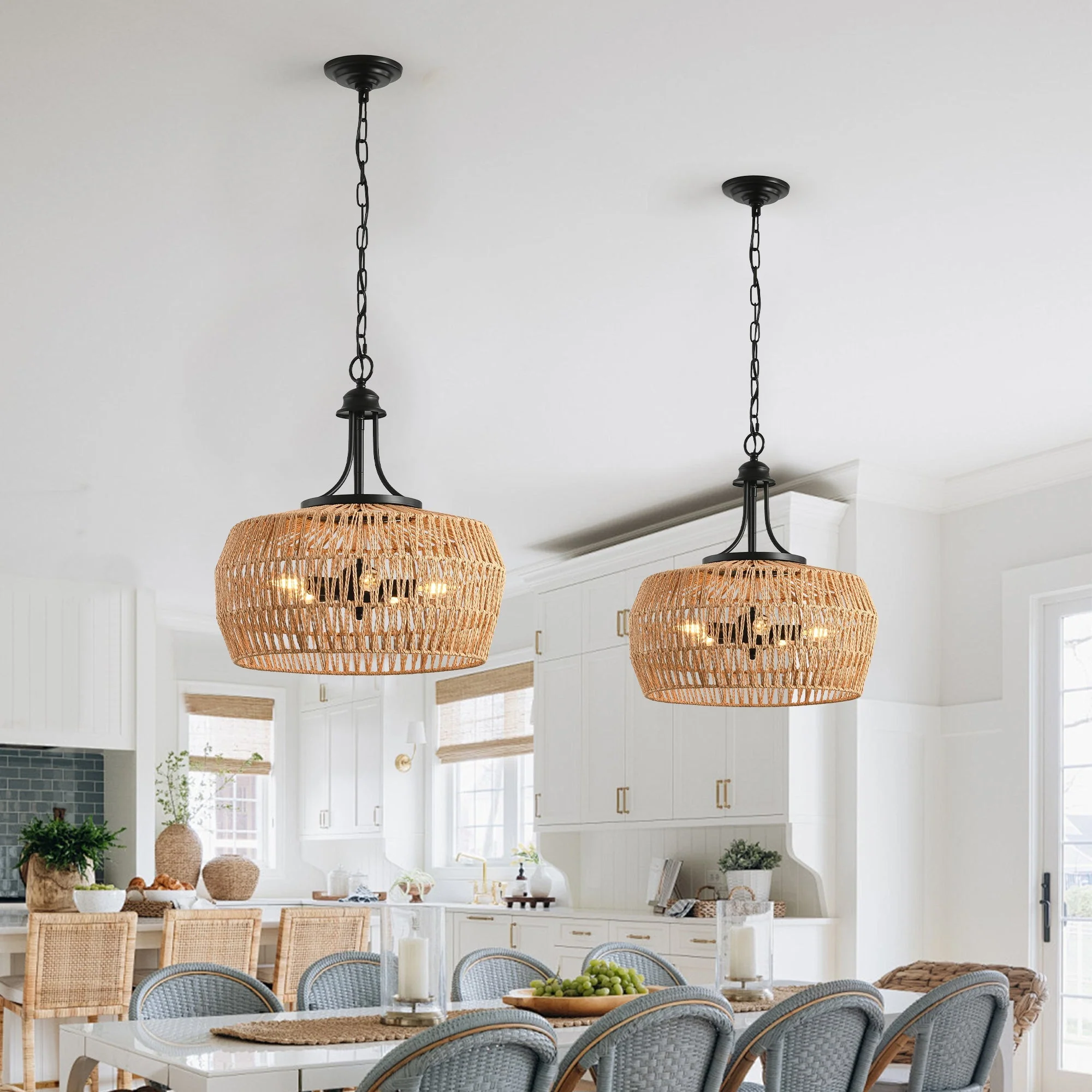 19' Boho Hemp Rope Pendant Light, Hand-Woven Jute Hanging Lamp with Adjustable Chain, Natural Rope Shade Ceiling Light Fixture for Kitchen Island, Dining Room, or Entryway (Bulb Not Included) - Image 4