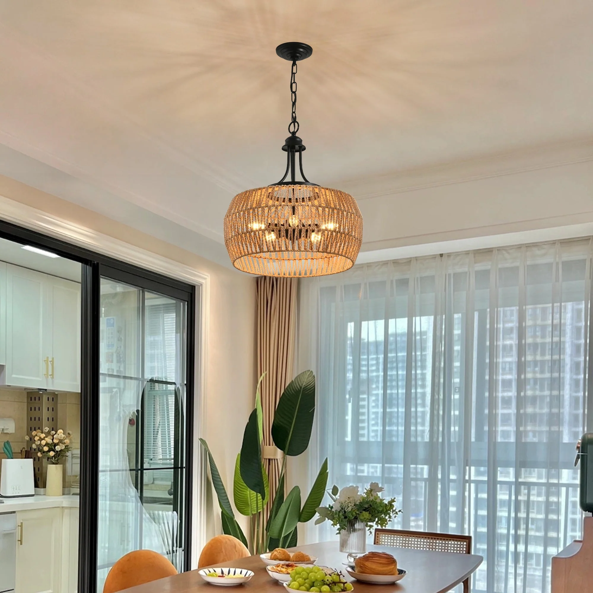 19' Boho Hemp Rope Pendant Light, Hand-Woven Jute Hanging Lamp with Adjustable Chain, Natural Rope Shade Ceiling Light Fixture for Kitchen Island, Dining Room, or Entryway (Bulb Not Included) - Image 5