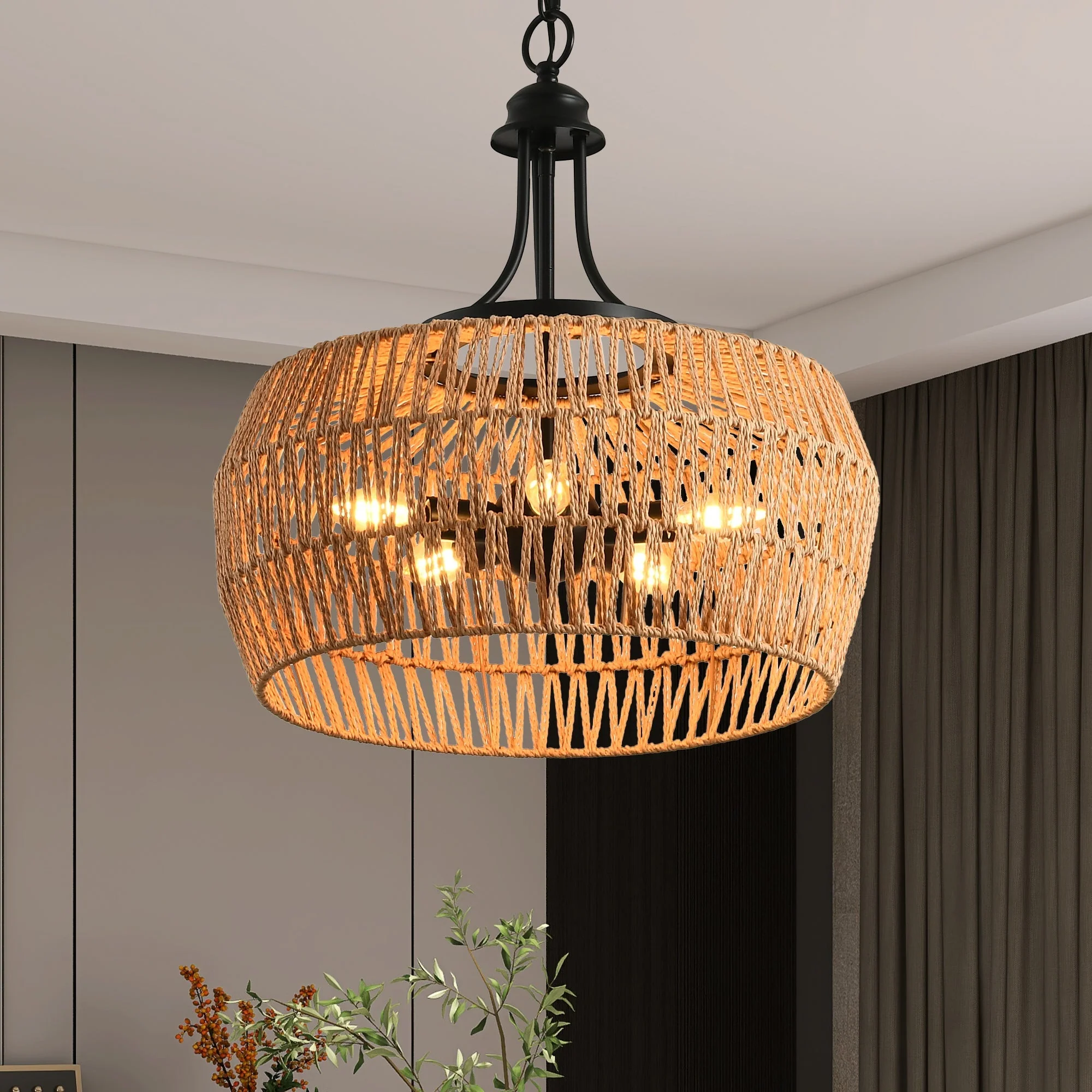 19' Boho Hemp Rope Pendant Light, Hand-Woven Jute Hanging Lamp with Adjustable Chain, Natural Rope Shade Ceiling Light Fixture for Kitchen Island, Dining Room, or Entryway (Bulb Not Included) - Image 6