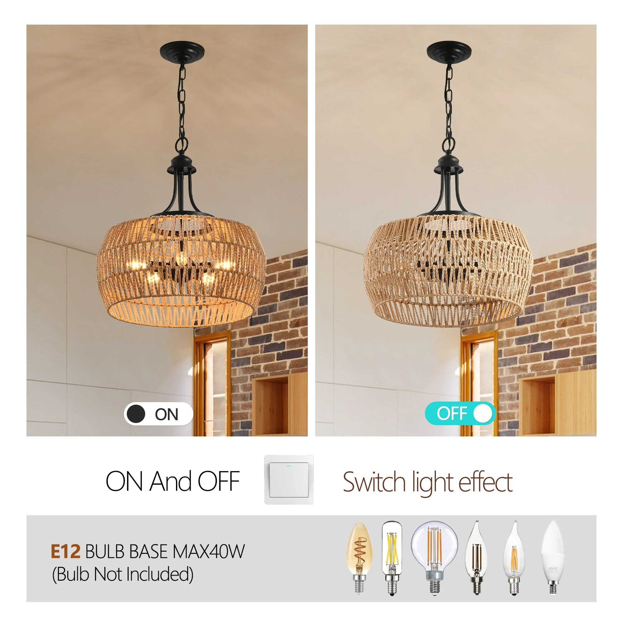 19' Boho Hemp Rope Pendant Light, Hand-Woven Jute Hanging Lamp with Adjustable Chain, Natural Rope Shade Ceiling Light Fixture for Kitchen Island, Dining Room, or Entryway (Bulb Not Included) - Image 8