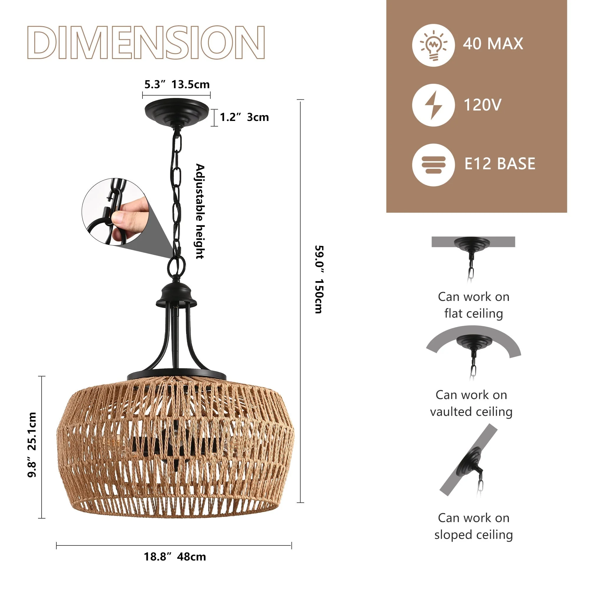 19' Boho Hemp Rope Pendant Light, Hand-Woven Jute Hanging Lamp with Adjustable Chain, Natural Rope Shade Ceiling Light Fixture for Kitchen Island, Dining Room, or Entryway (Bulb Not Included) - Image 9