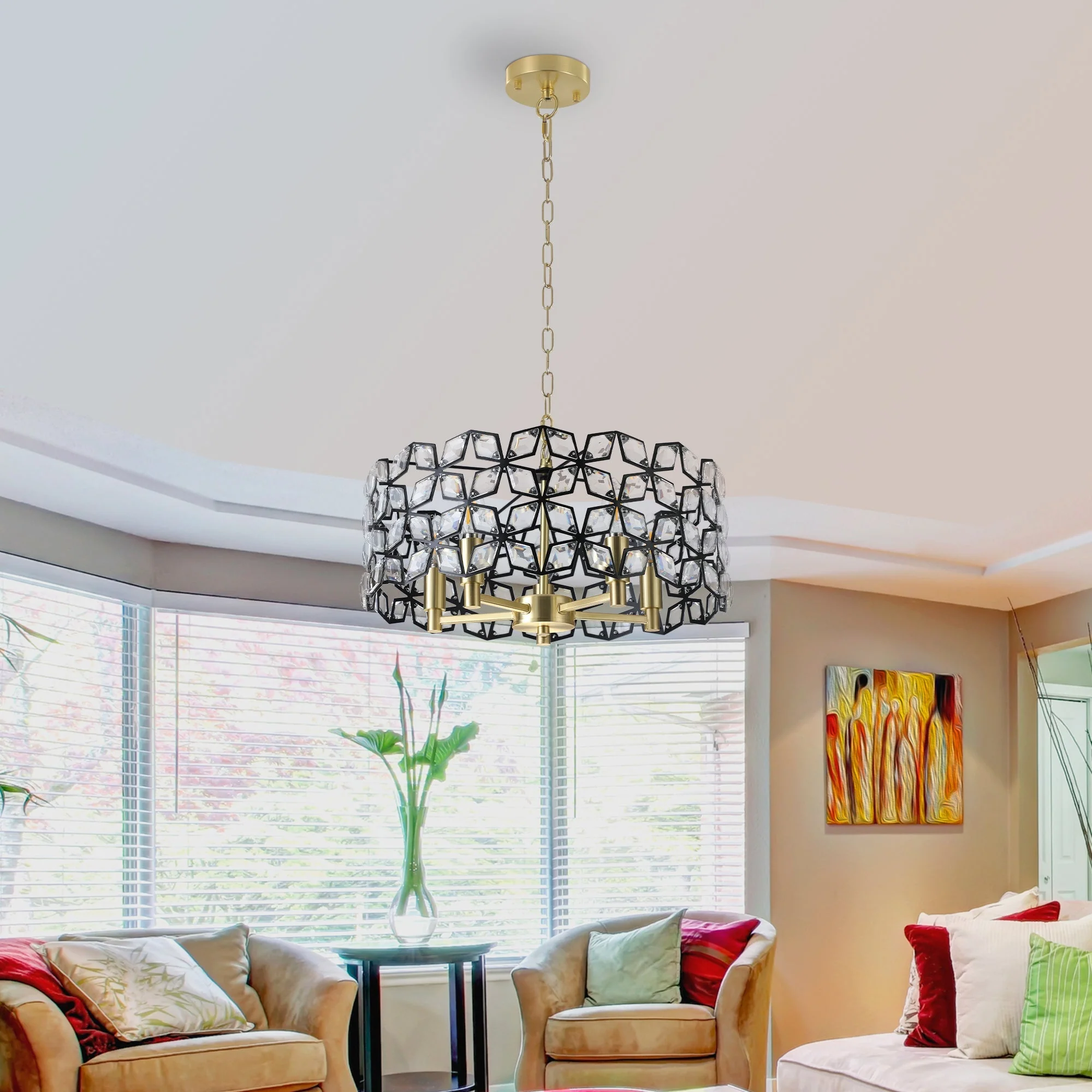 19' Geometric Crystal and BlackGold Round Pendant Chandelier - Image 2