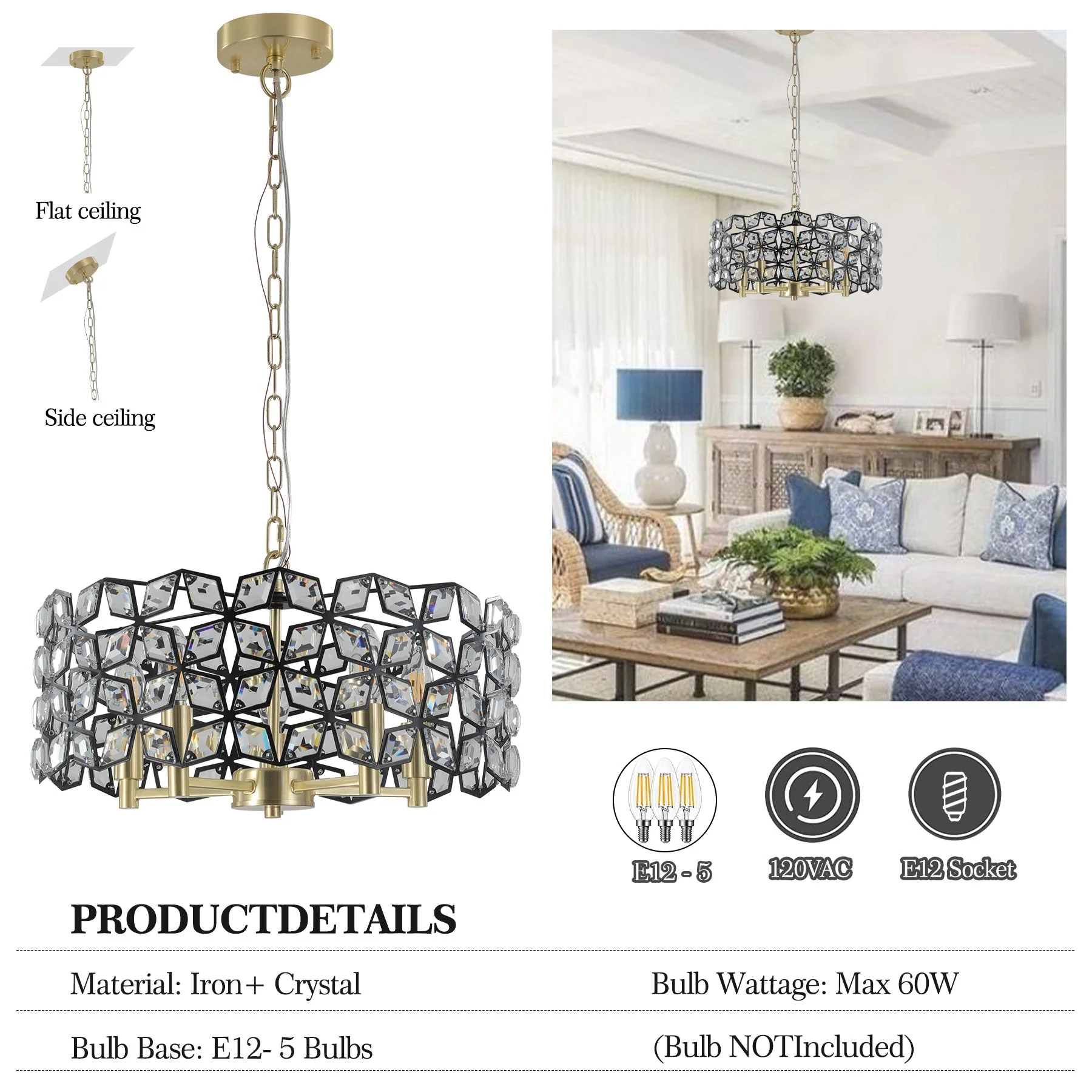 19' Geometric Crystal and BlackGold Round Pendant Chandelier - Image 8