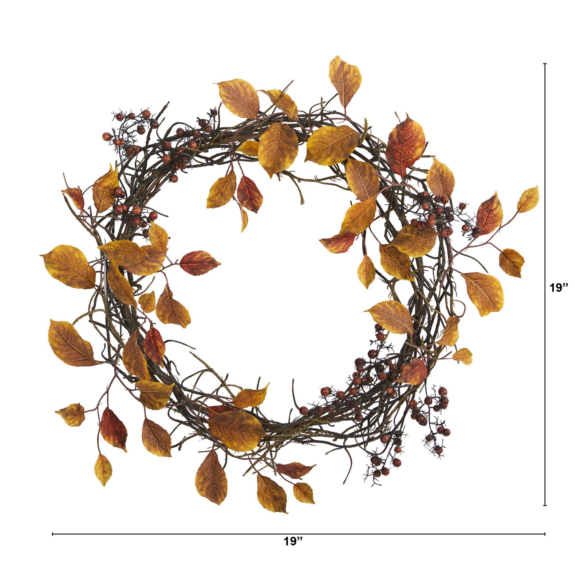 19” Harvest Leaf, Berries  and Twig Artificial Wreath - Image 3