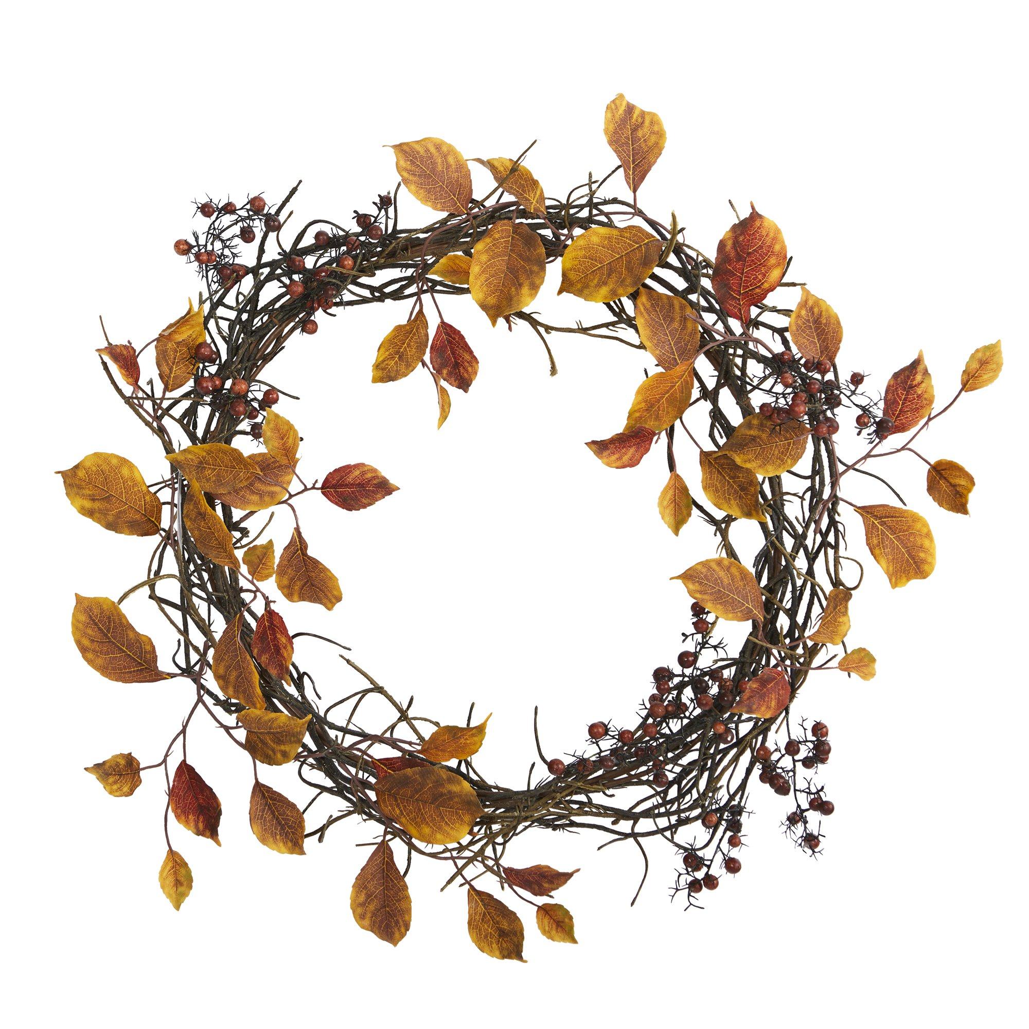19” Harvest Leaf, Berries  and Twig Artificial Wreath - Image 4