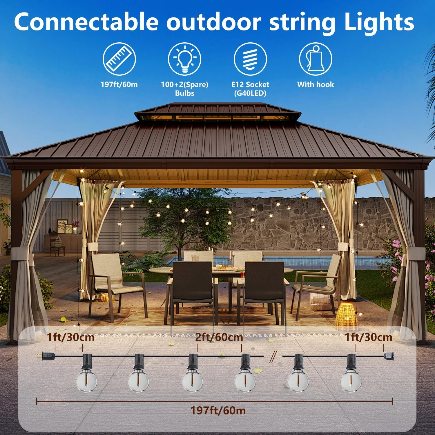 197FT LED Outdoor String Lights with 100 Shatterproof Bulbs - Image 7