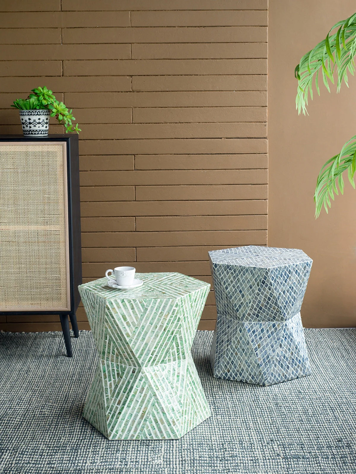 19x19x20" Tapered Blue Garden Capiz Stool, Accent Side Table - Image 13