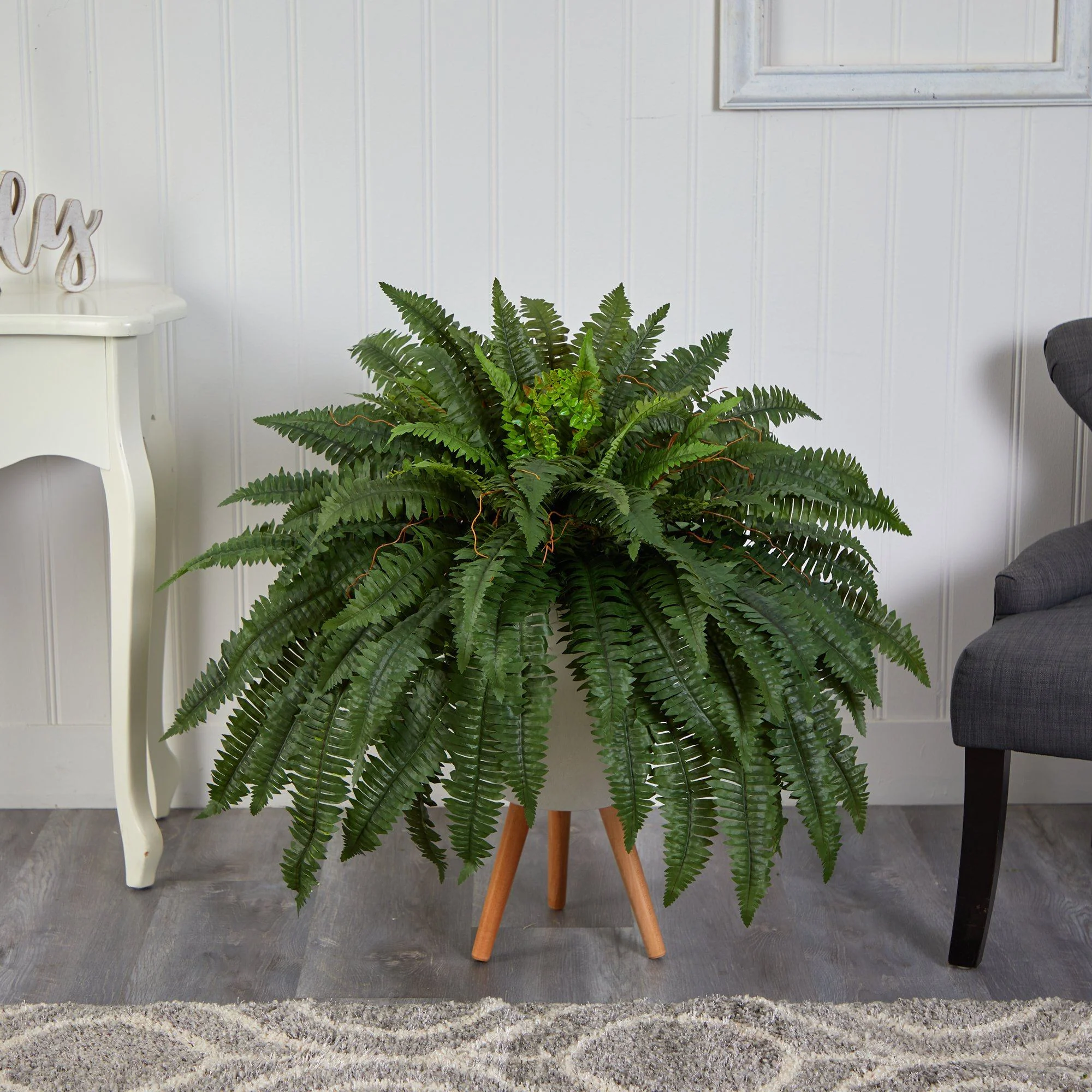 2.5’ Boston Fern Artificial Plant in White Planter with Legs - Image 3