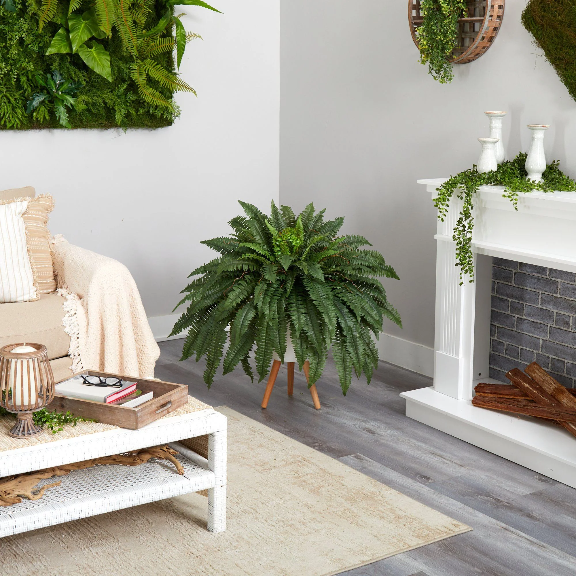2.5’ Boston Fern Artificial Plant in White Planter with Legs - Image 4