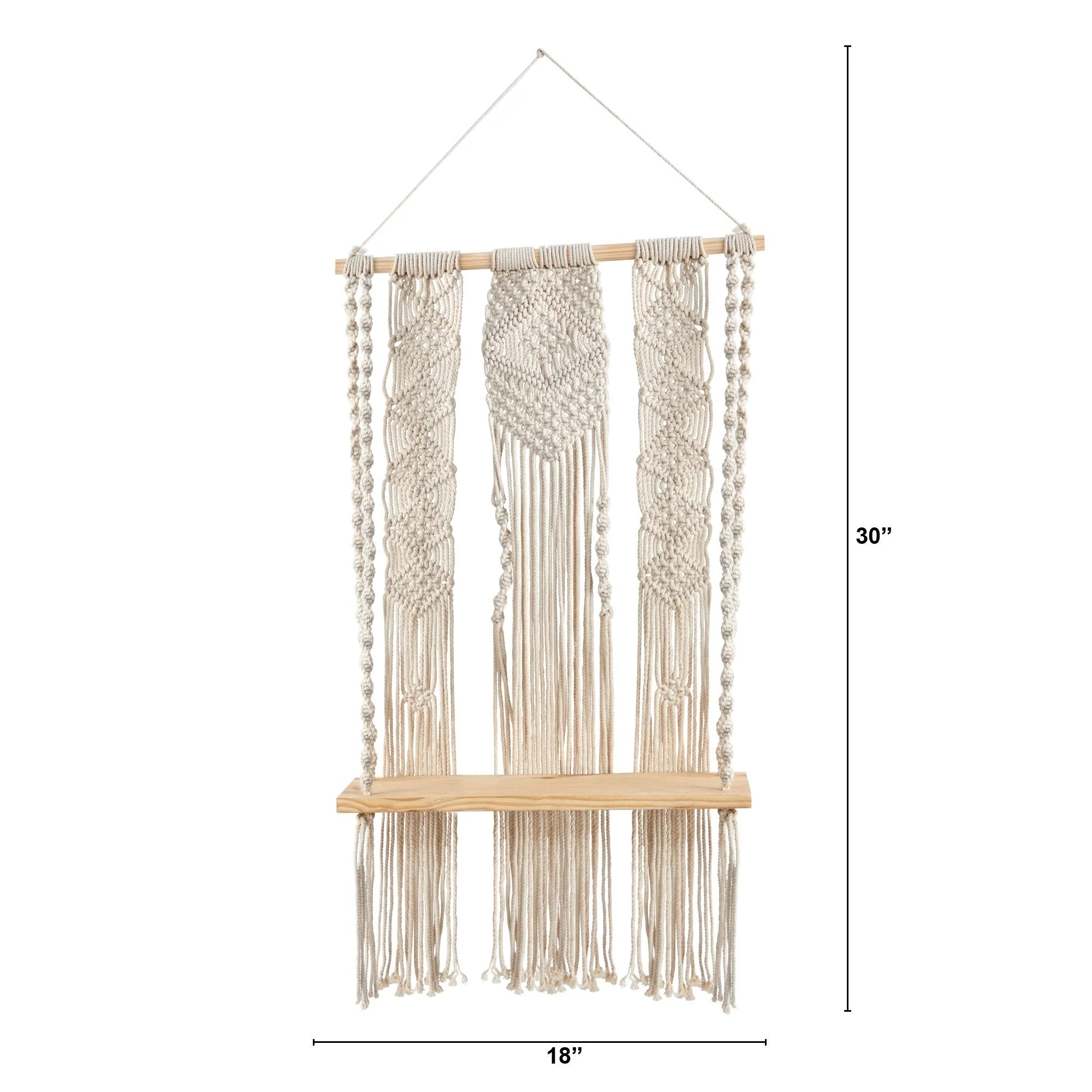 2.5’ x 1.5’ Layered Macrame Wall Hanging with Wooden Shelf - Image 2
