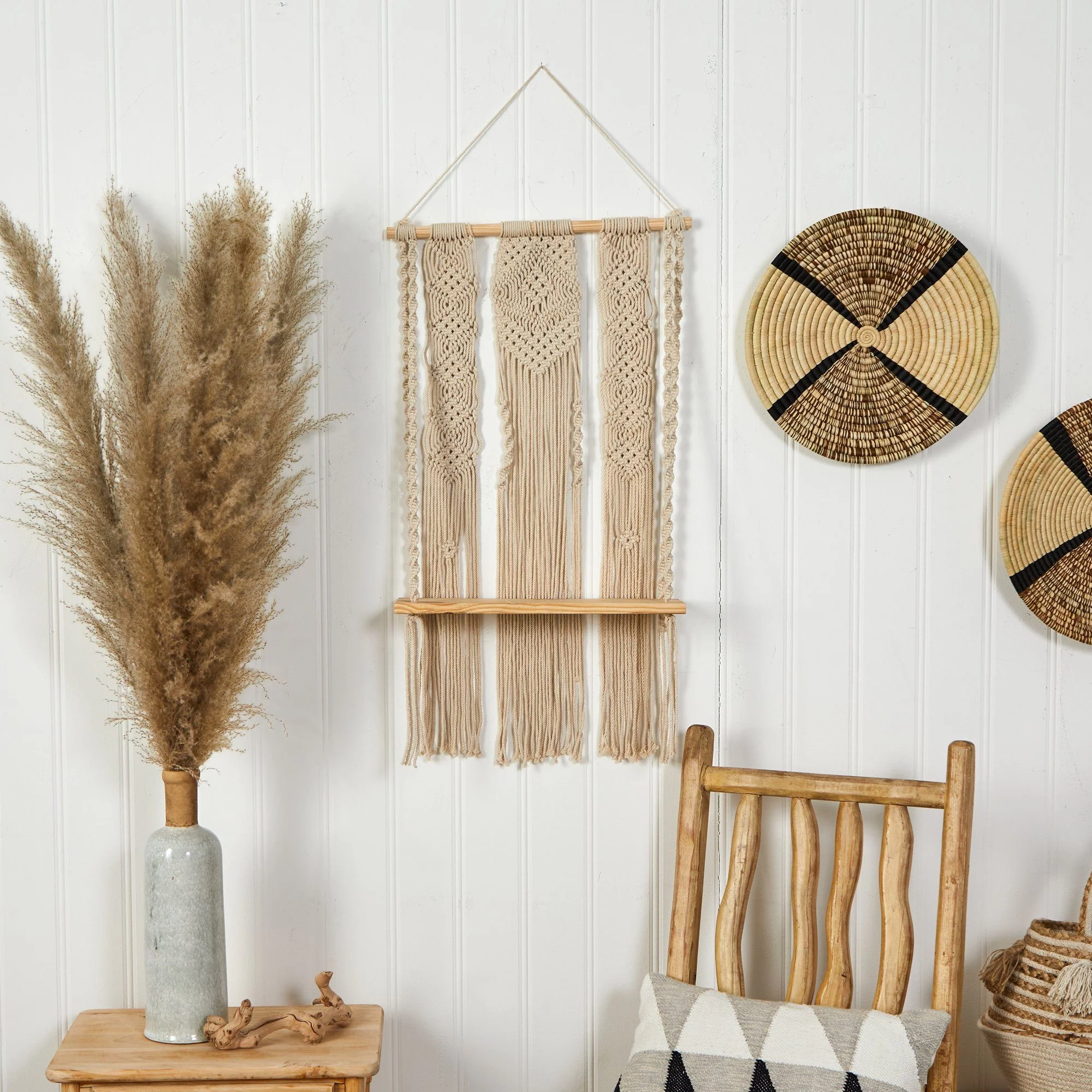 2.5’ x 1.5’ Layered Macrame Wall Hanging with Wooden Shelf - Image 3