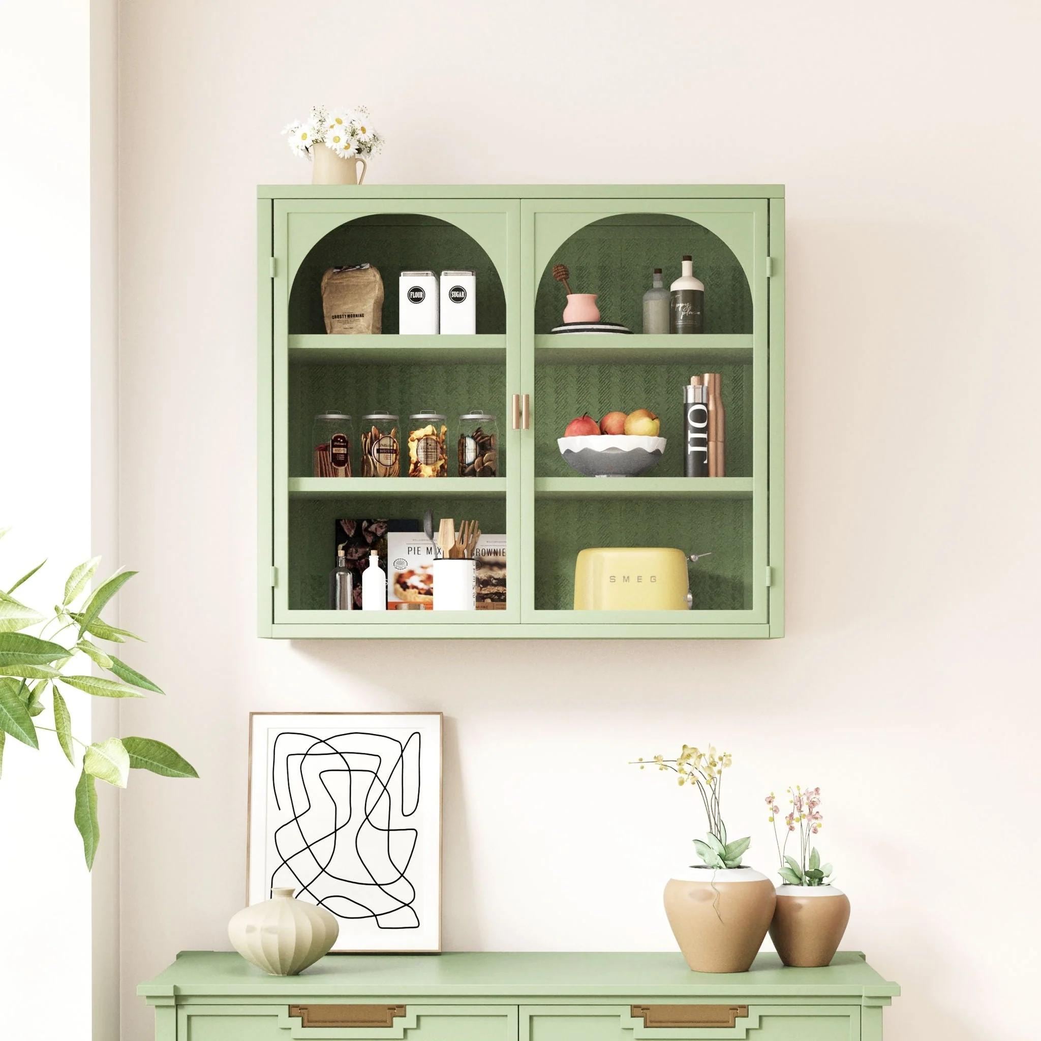 2 Door Wall Cabinet With 3 Tier Storage - Green - Image 3