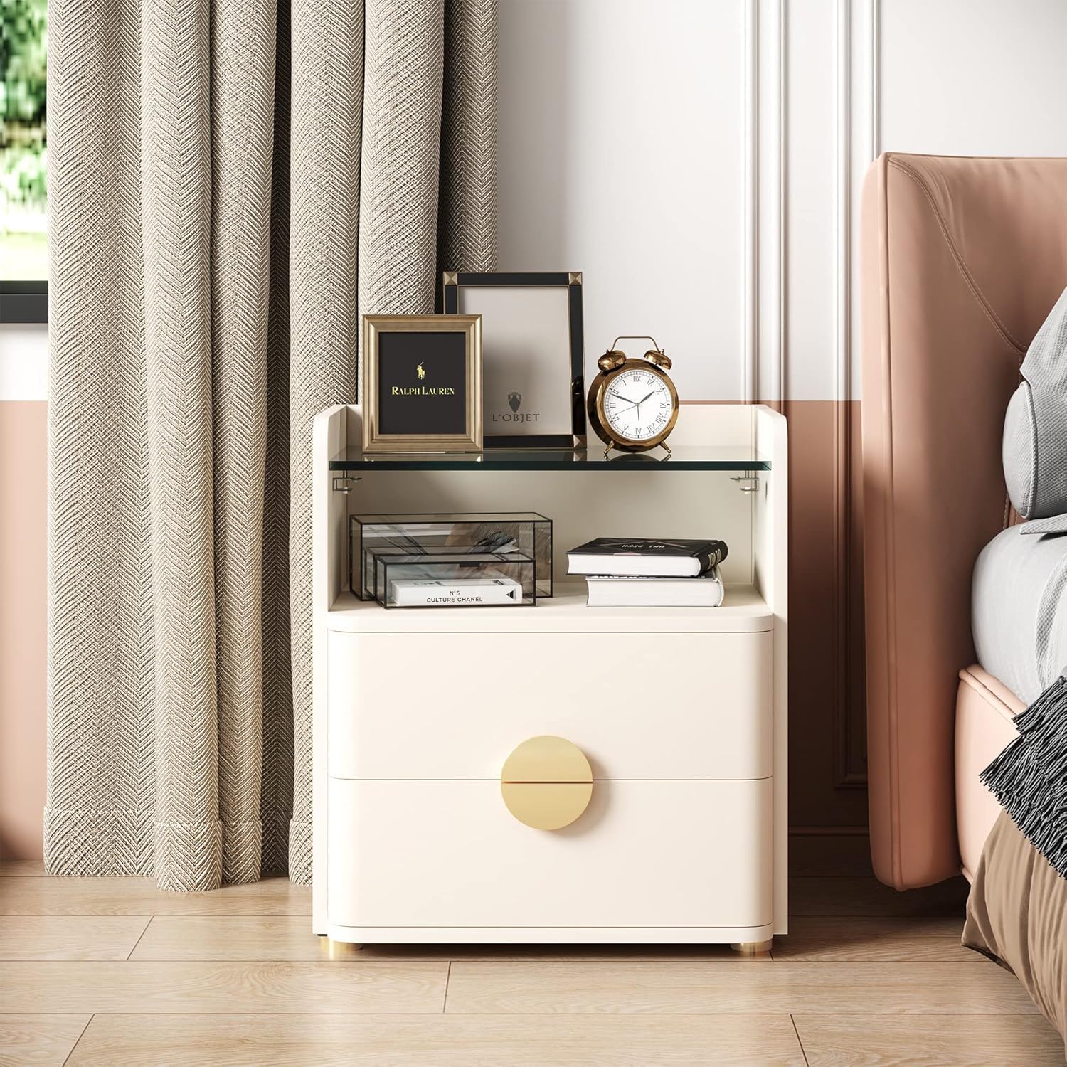 2 Drawer Nightstand With Open Shelf, Bedside Table - Beige - Image 3