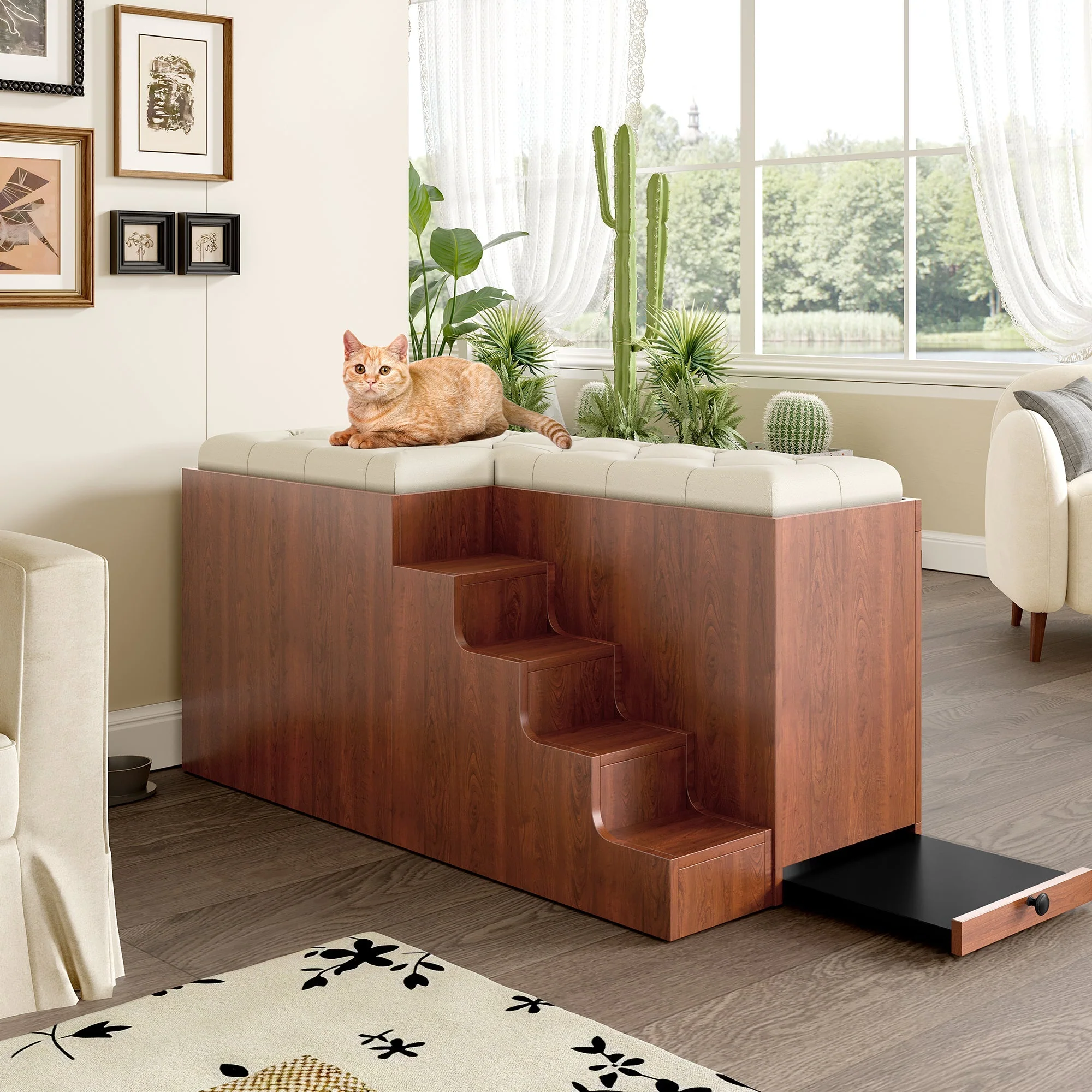2 in 1 Dog Crate with Padded Seat Walnut 56'L Furniture Style - Image 21