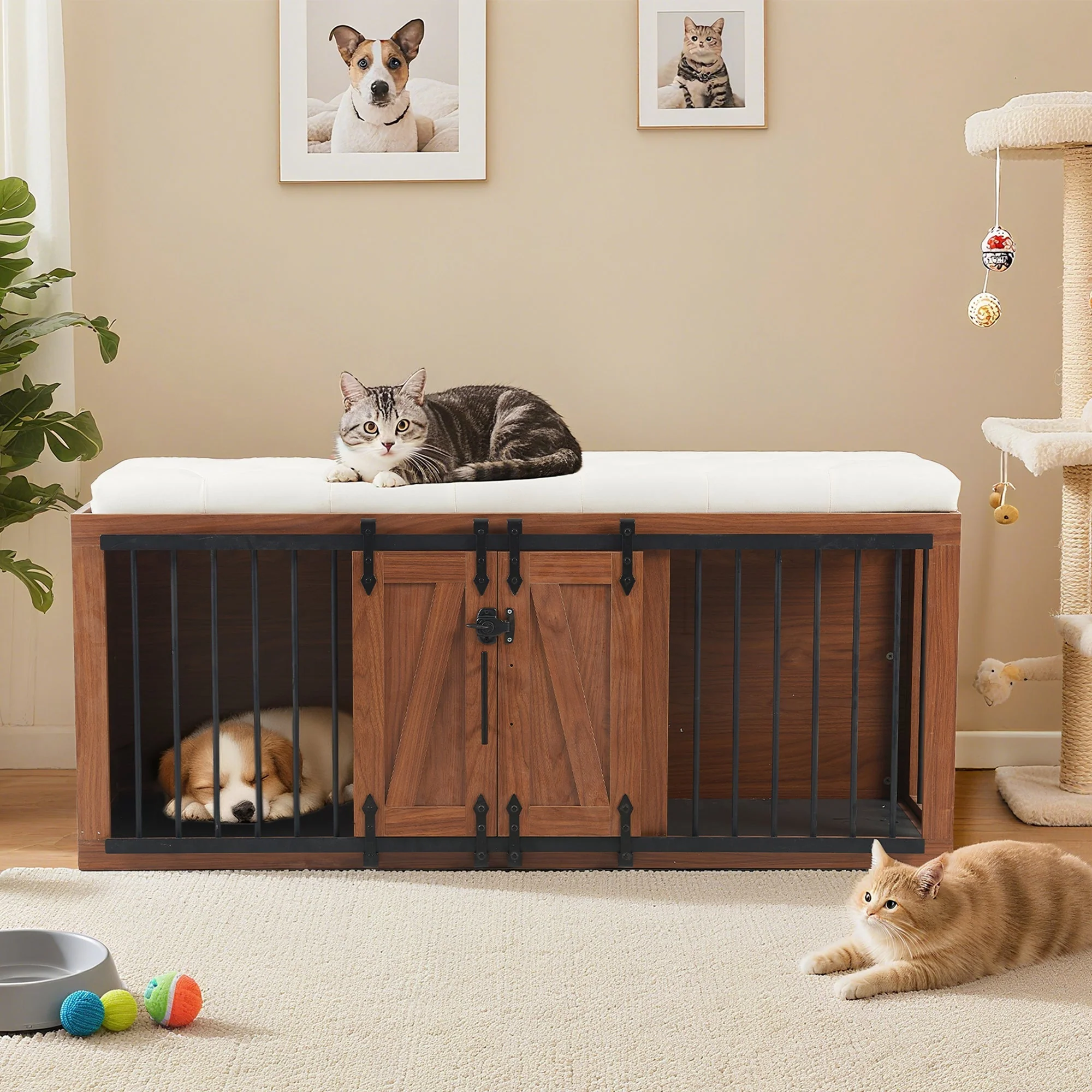 2 in 1 Dog Crate with Padded Seat Walnut 56'L Furniture Style - Image 22