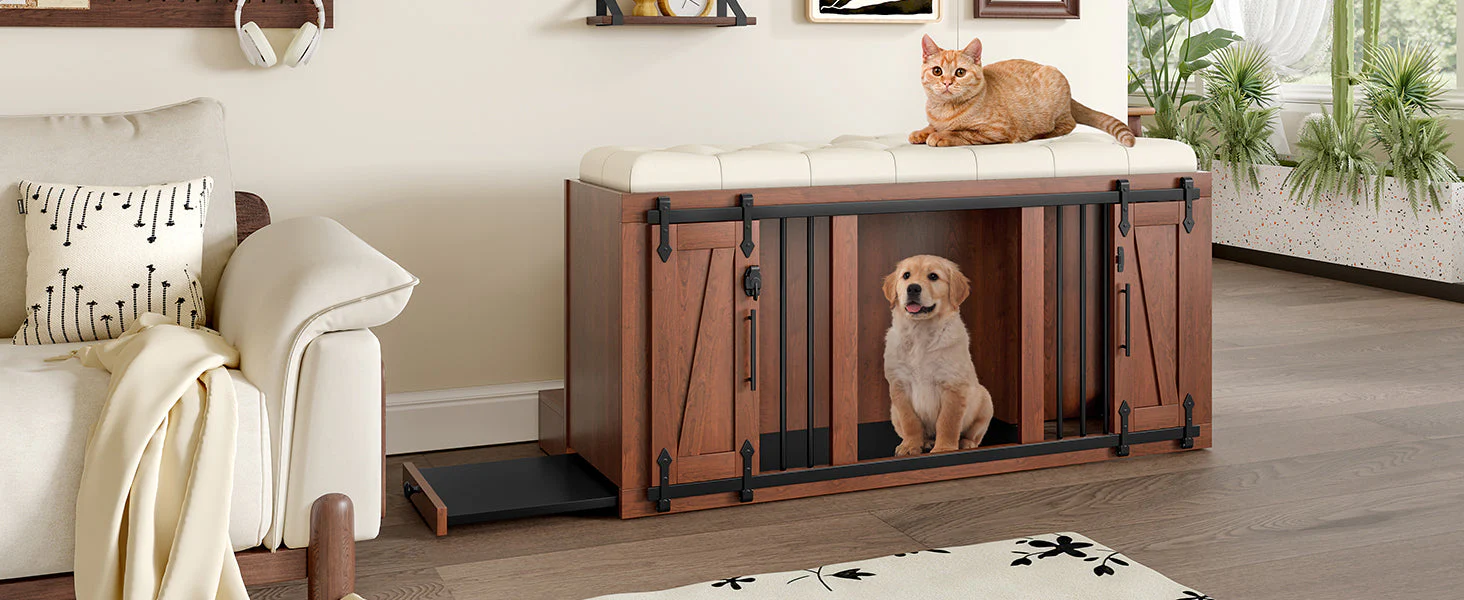 2 in 1 Dog Crate with Padded Seat Walnut 56'L Furniture Style - Image 23