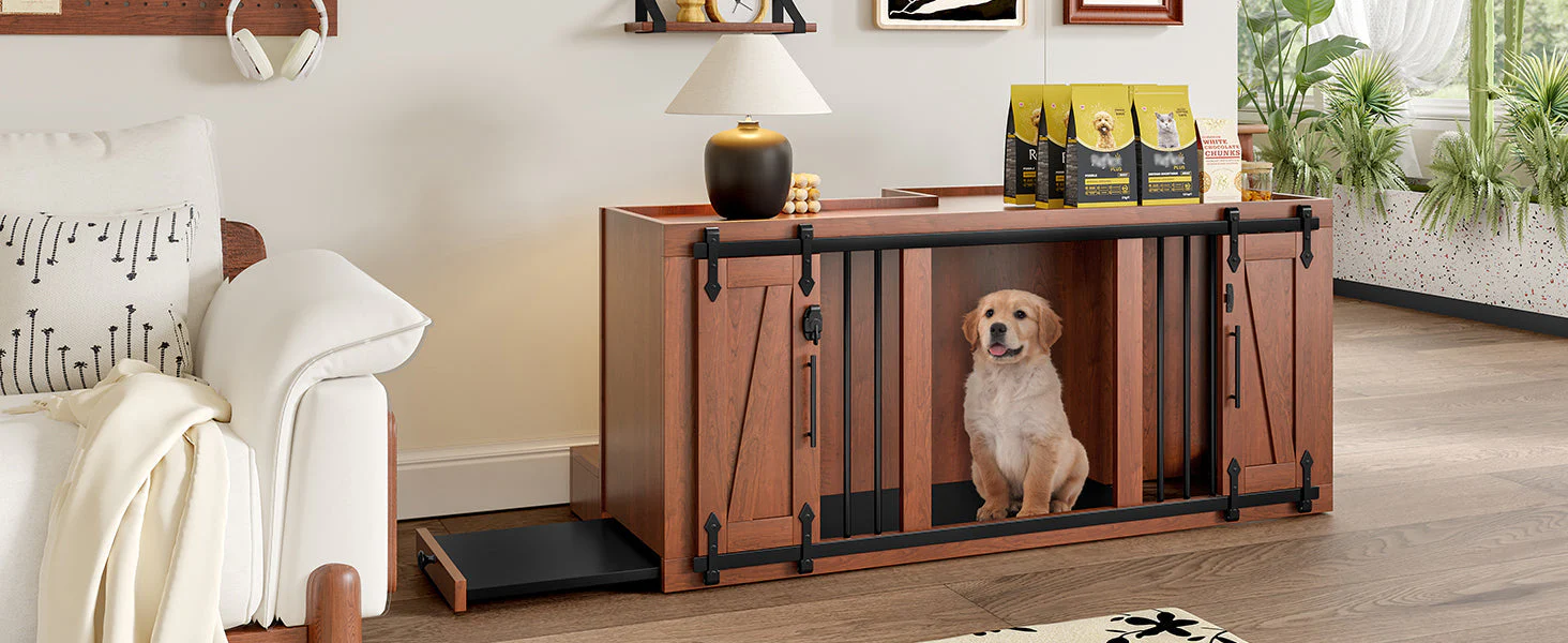 2 in 1 Dog Crate with Padded Seat Walnut 56'L Furniture Style - Image 24
