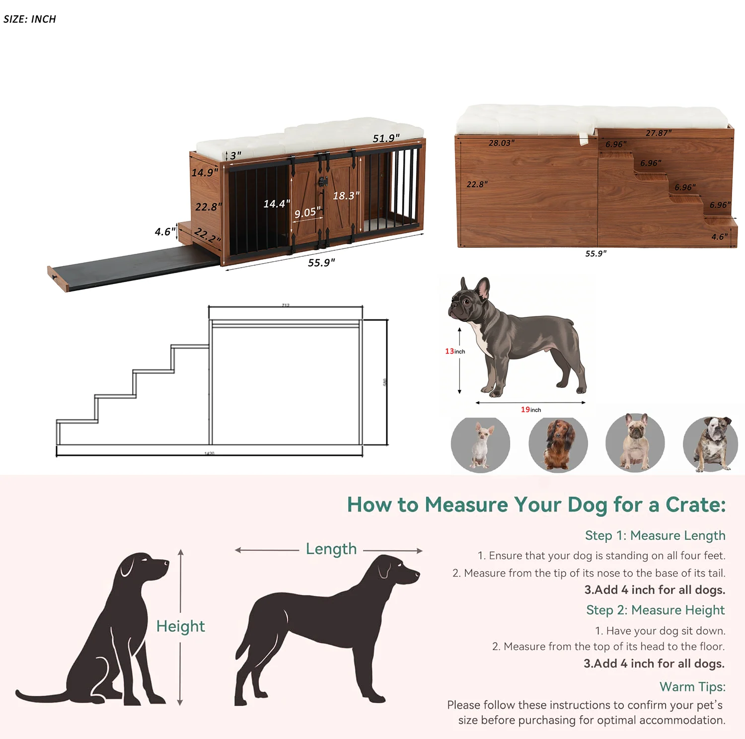 2 in 1 Dog Crate with Padded Seat Walnut 56'L Furniture Style - Image 4