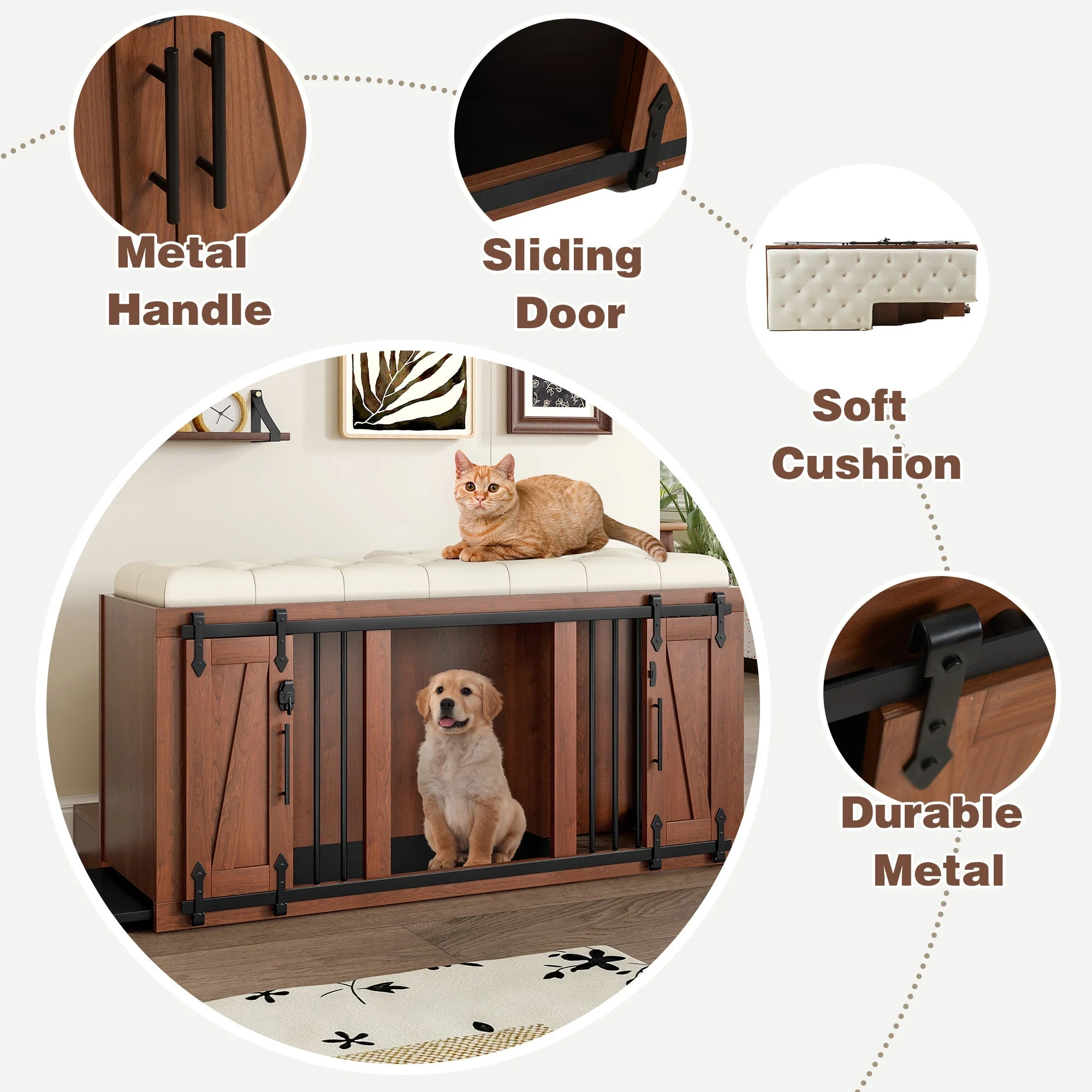 2 in 1 Dog Crate with Padded Seat Walnut 56'L Furniture Style - Image 5