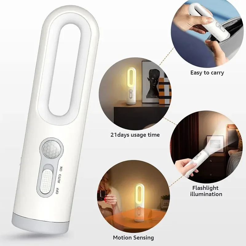 2 in 1 Motion Sensor Night Light Portable Flashlight Bedroom Bathroom Bedside Lamp - Image 3