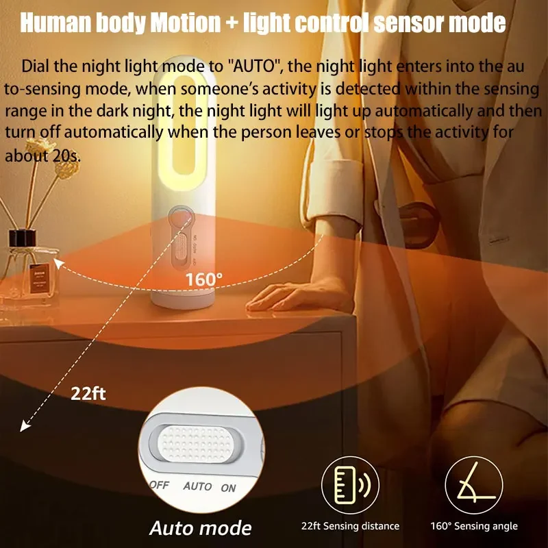2 in 1 Motion Sensor Night Light Portable Flashlight Bedroom Bathroom Bedside Lamp - Image 4