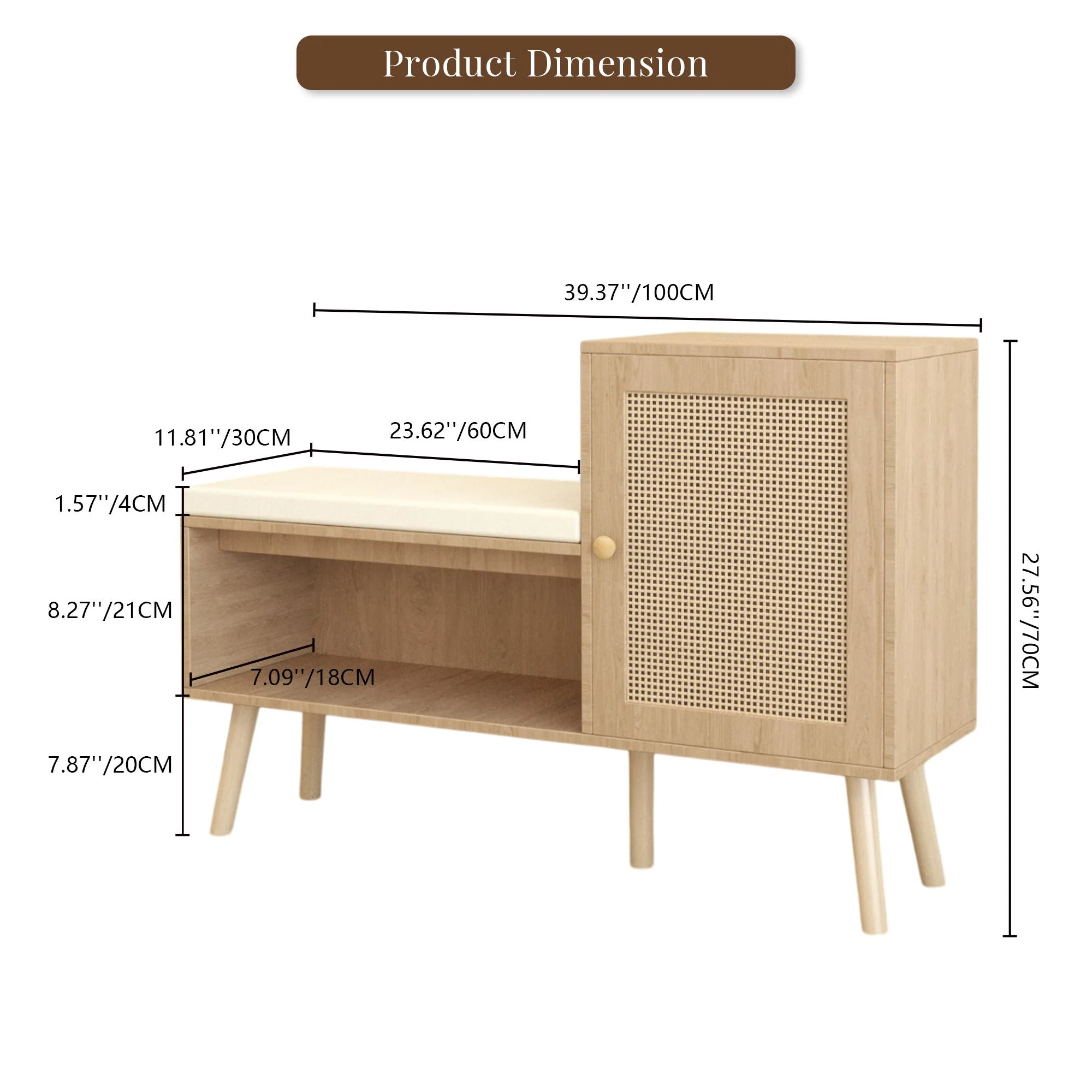 2 In 1 Shoe Storage Bench With Adjustable Shelves - Antique Natural / Rattan - Image 2