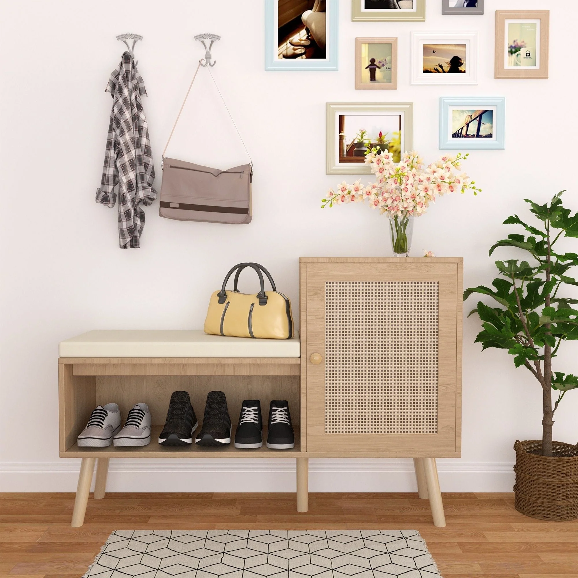 2 In 1 Shoe Storage Bench With Adjustable Shelves - Antique Natural / Rattan - Image 3