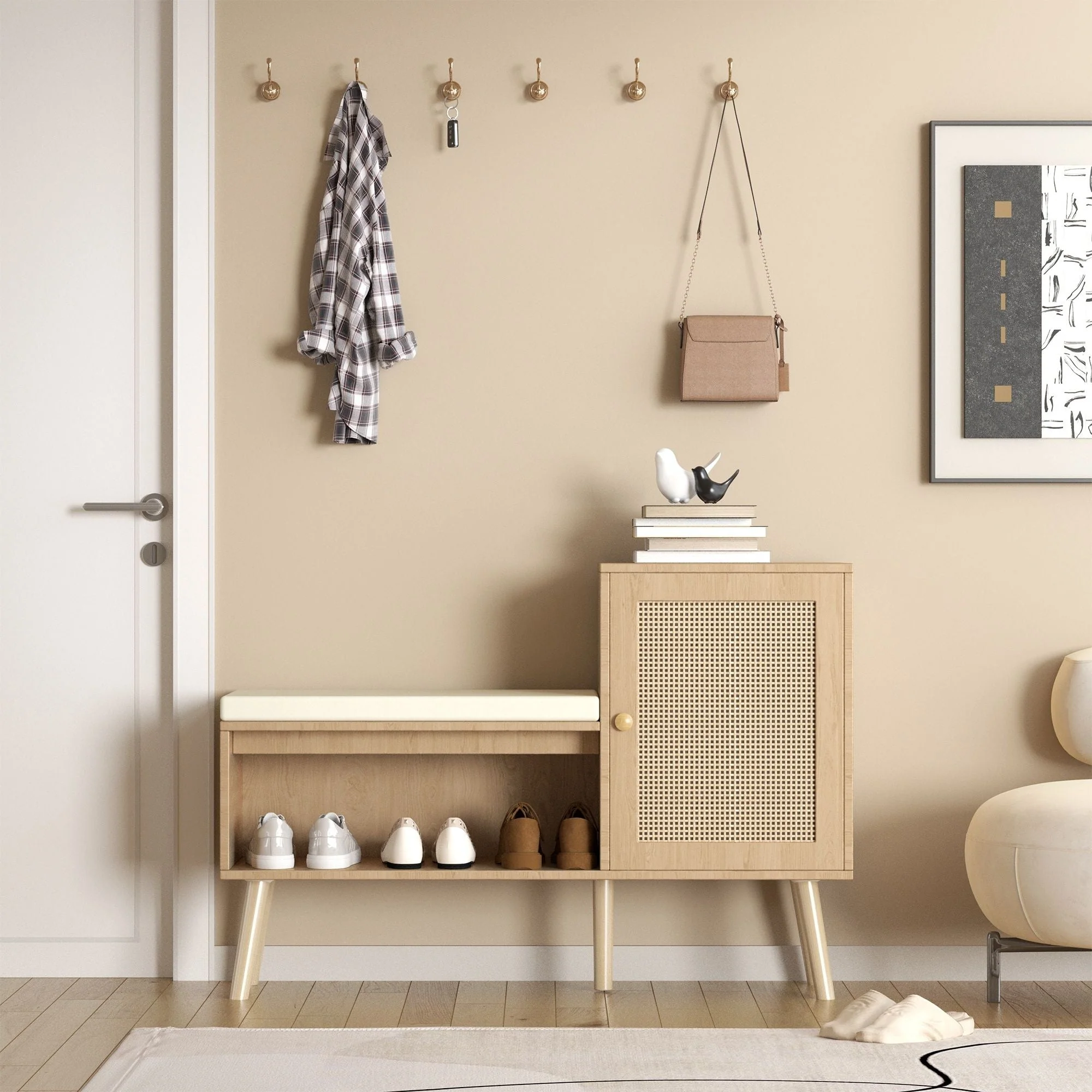 2 In 1 Shoe Storage Bench With Adjustable Shelves - Antique Natural / Rattan - Image 4