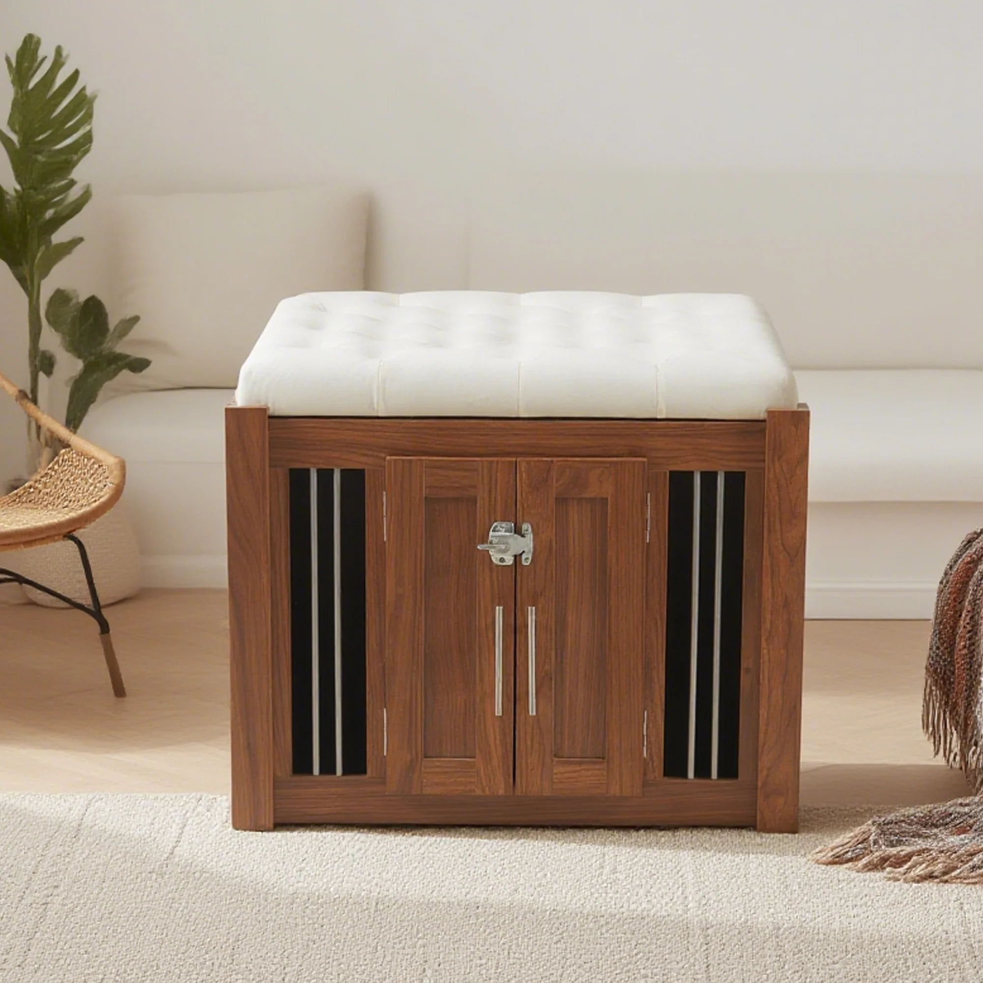2 in 1 Walnut Dog Crate Nightstand with Storage - Image 17